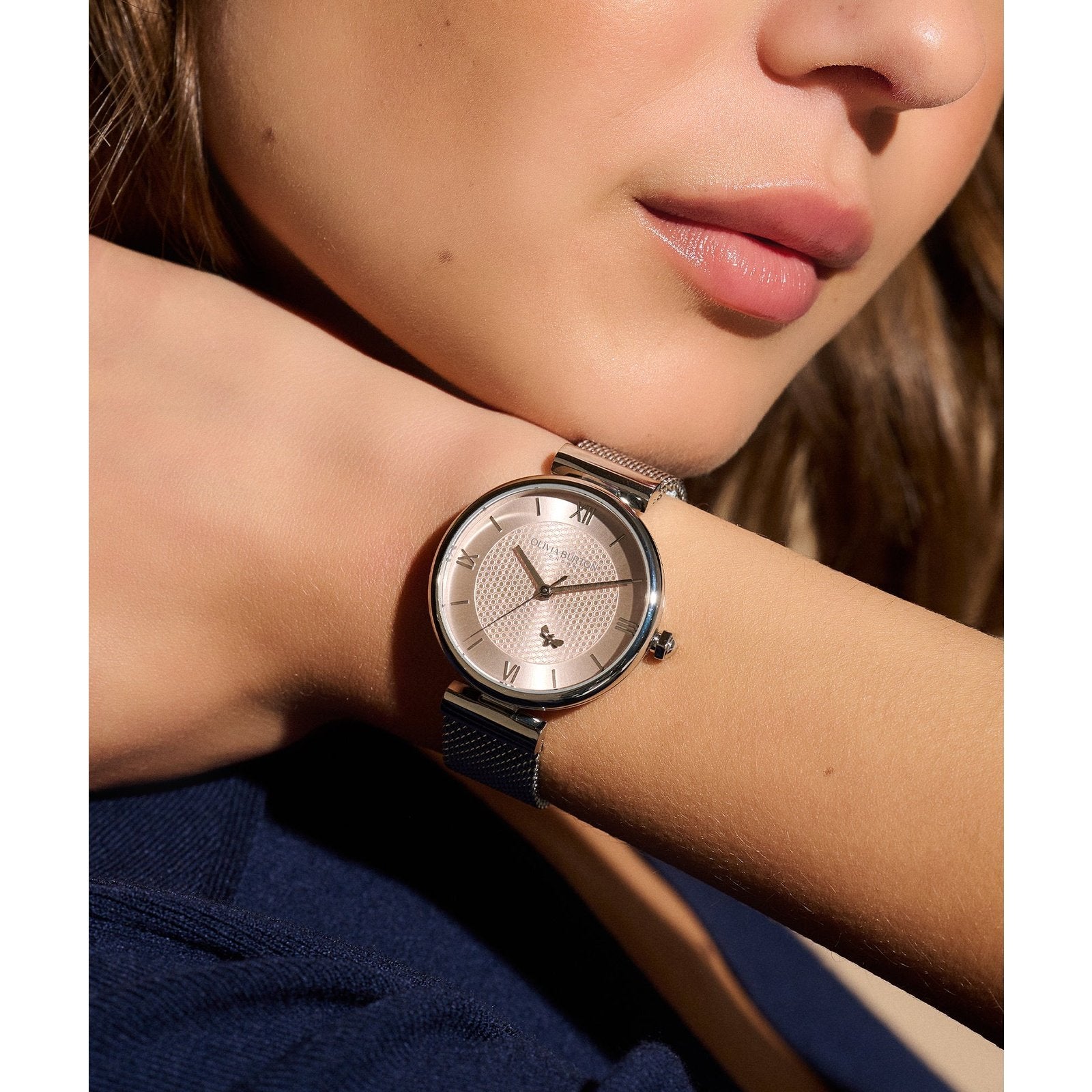 Ladies 36mm Minima Bee T-Bar Blush & Silver Mesh Watch (24000095)