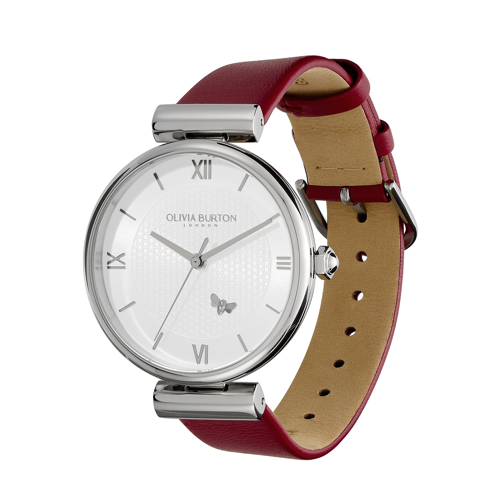 Ladies 36mm Minima Bee T-Bar Silver & Cranberry Leather Strap Watch (24000098).