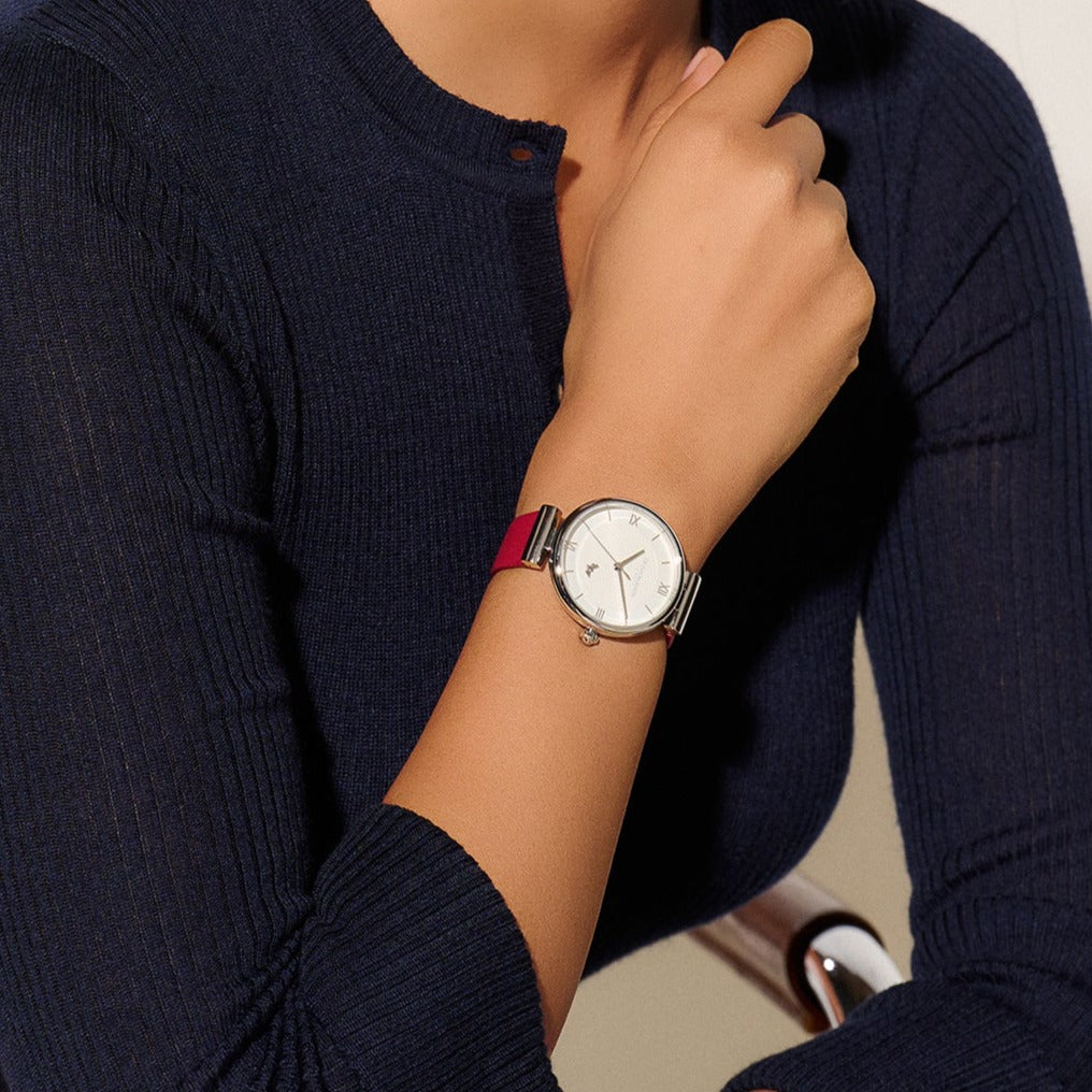Ladies 36mm Minima Bee T-Bar Silver & Cranberry Leather Strap Watch (24000098).