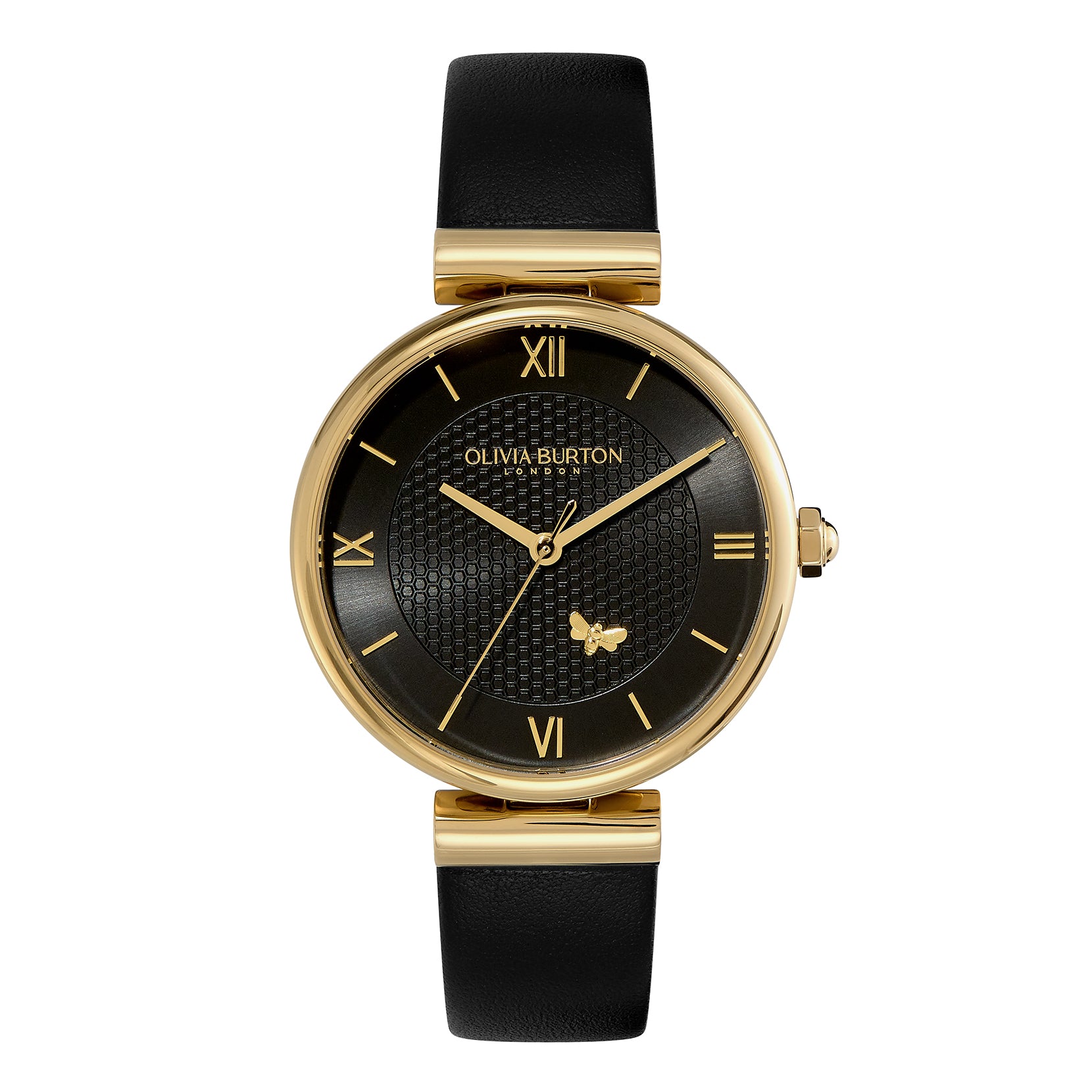 Ladies 36mm Minima Bee T-Bar Gold & Black Leather Strap Watch (24000099).