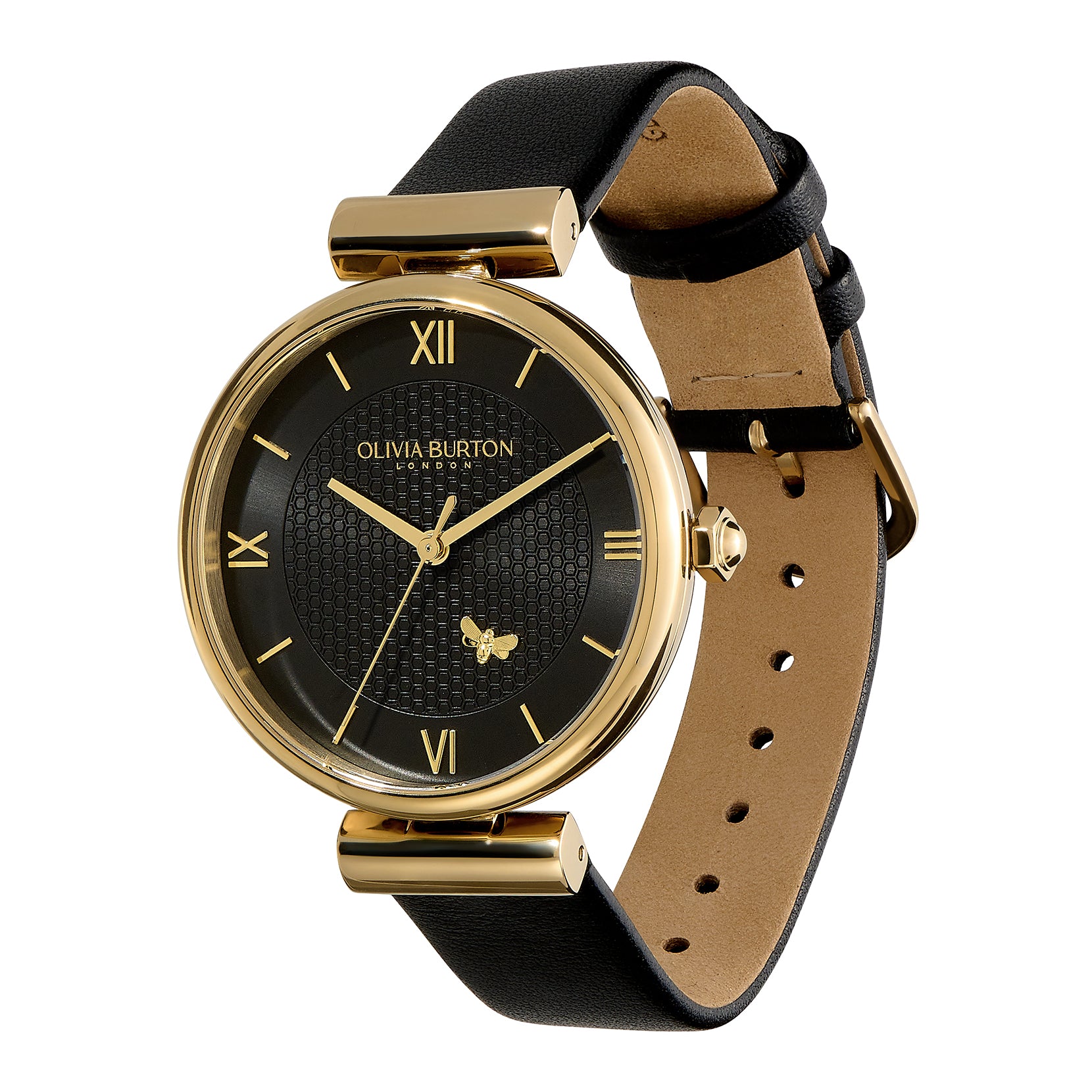 Ladies 36mm Minima Bee T-Bar Gold & Black Leather Strap Watch (24000099).