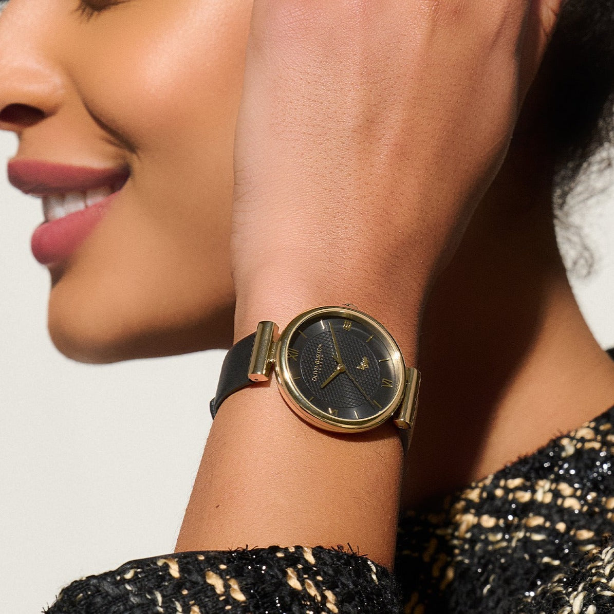 Ladies 36mm Minima Bee T-Bar Gold & Black Leather Strap Watch (24000099).
