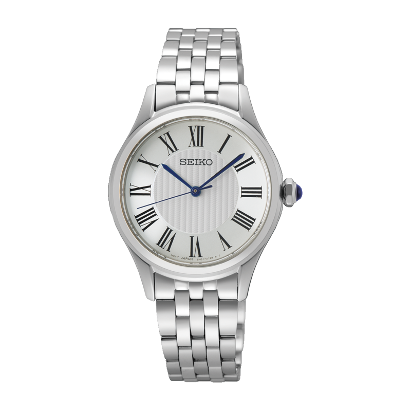 Women watches
silver watch
Silver Seiko watch with a white face and blue hands on a white background
