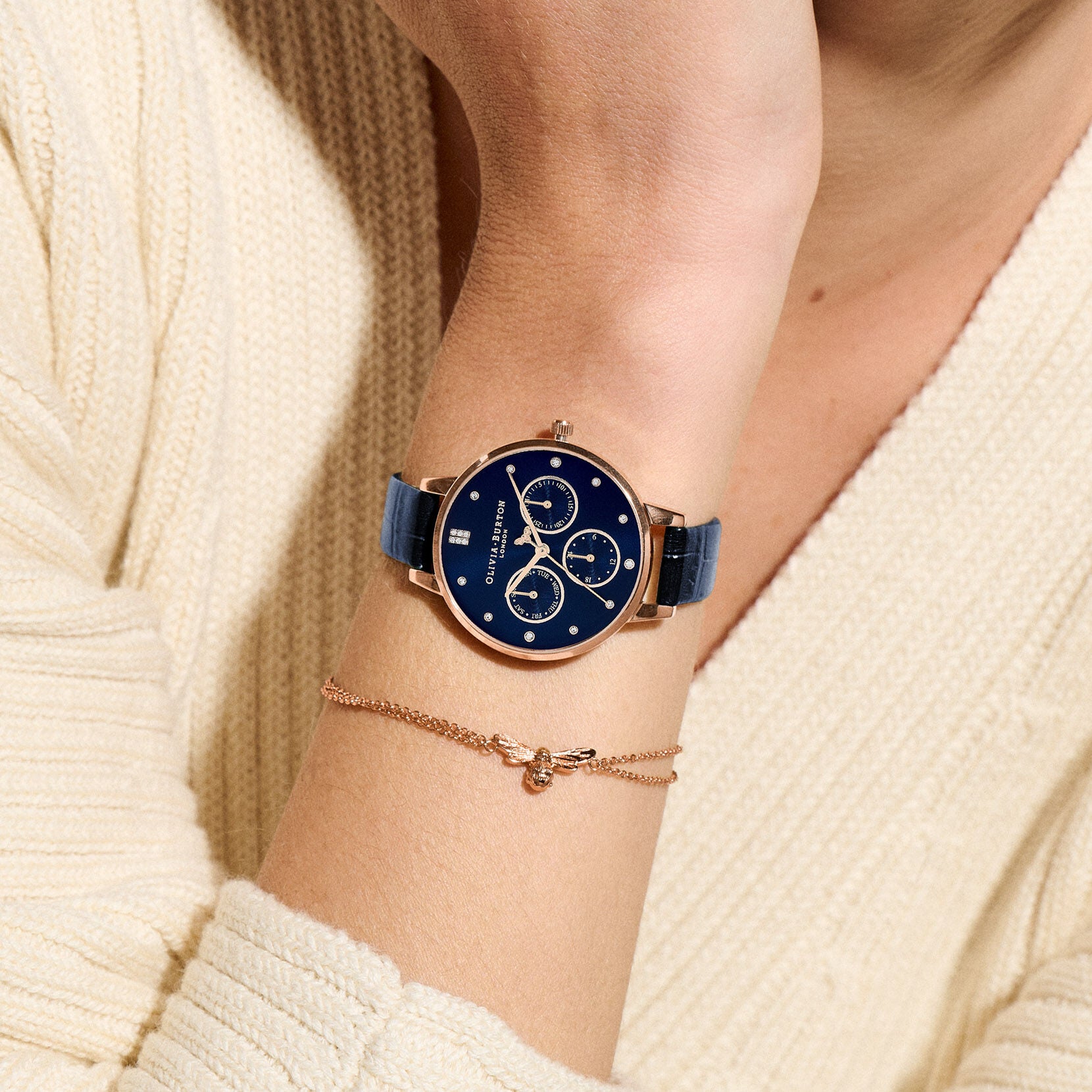 Multifunction 34mm Dark Blue Leather Strap Watch 24000011 Olivia Burton
