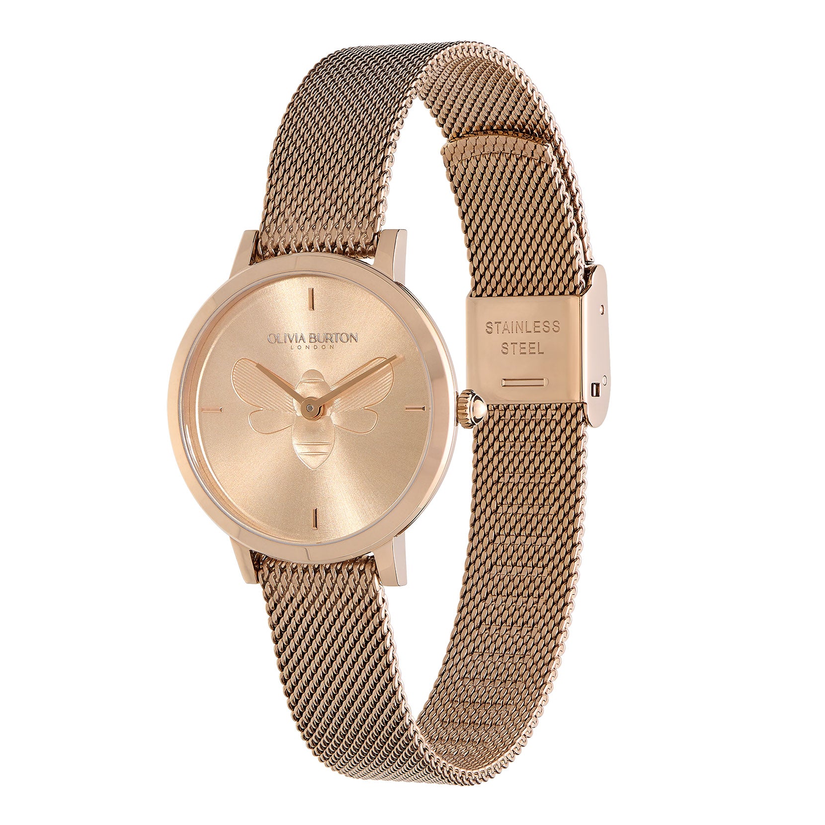 Bee Ultra Slim Carnation Gold Mesh Watch 24000020 Olivia Burton