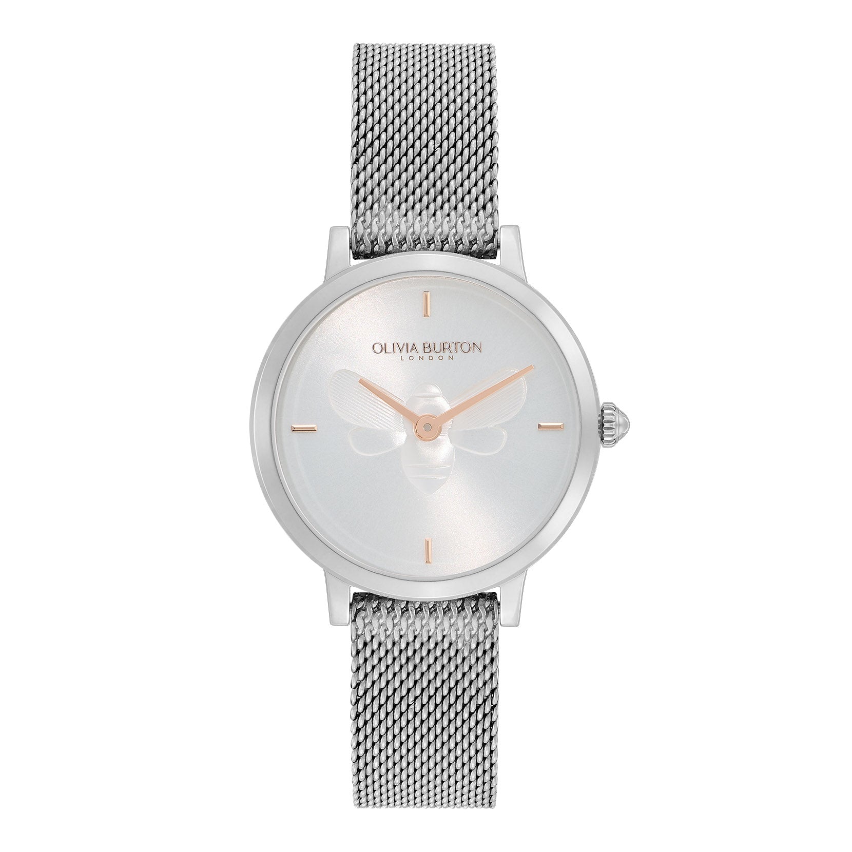 Bee Ultra Slim Metallic White & Silver Mesh Watch 24000021 Olivia Burton
