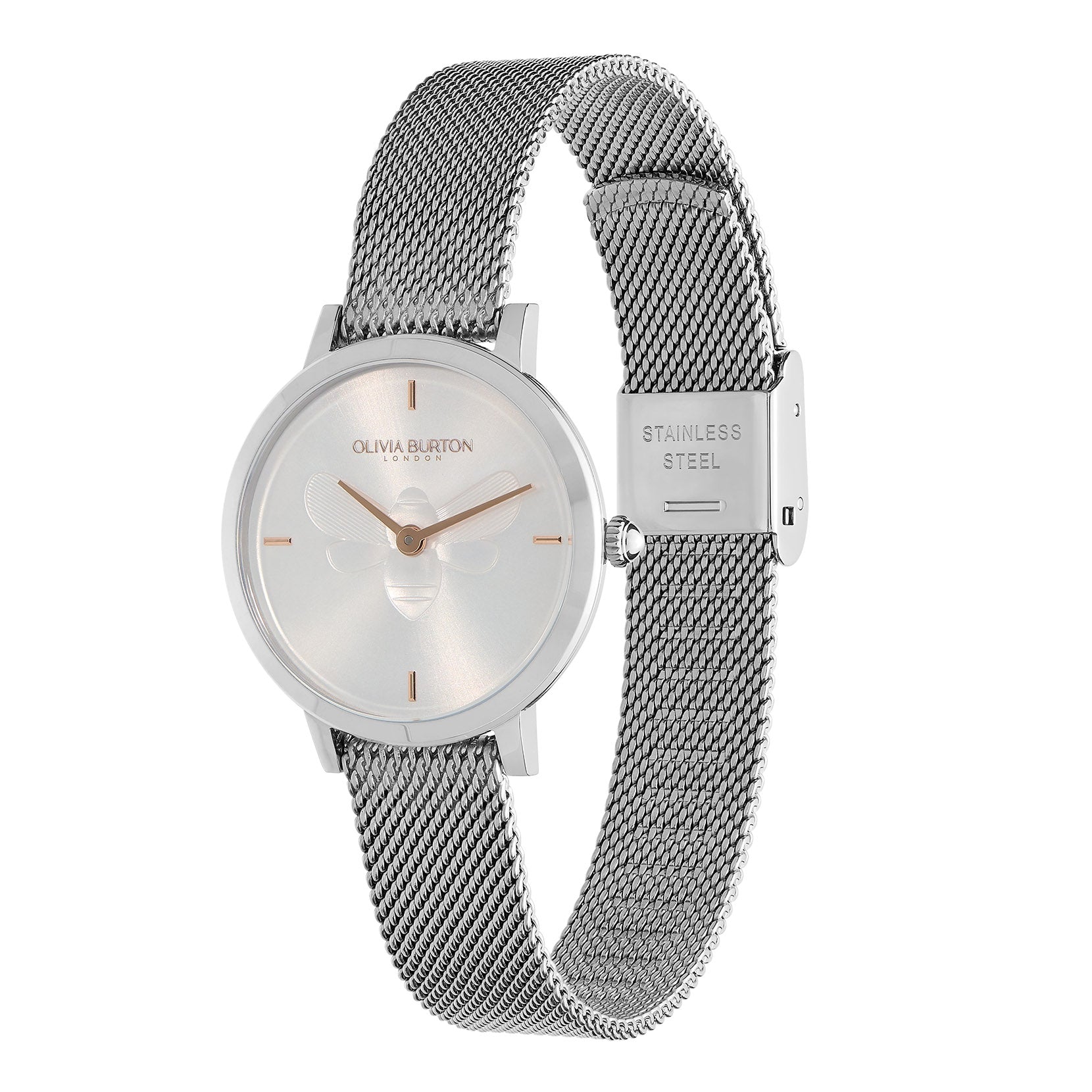 Bee Ultra Slim Metallic White & Silver Mesh Watch 24000021 Olivia Burton