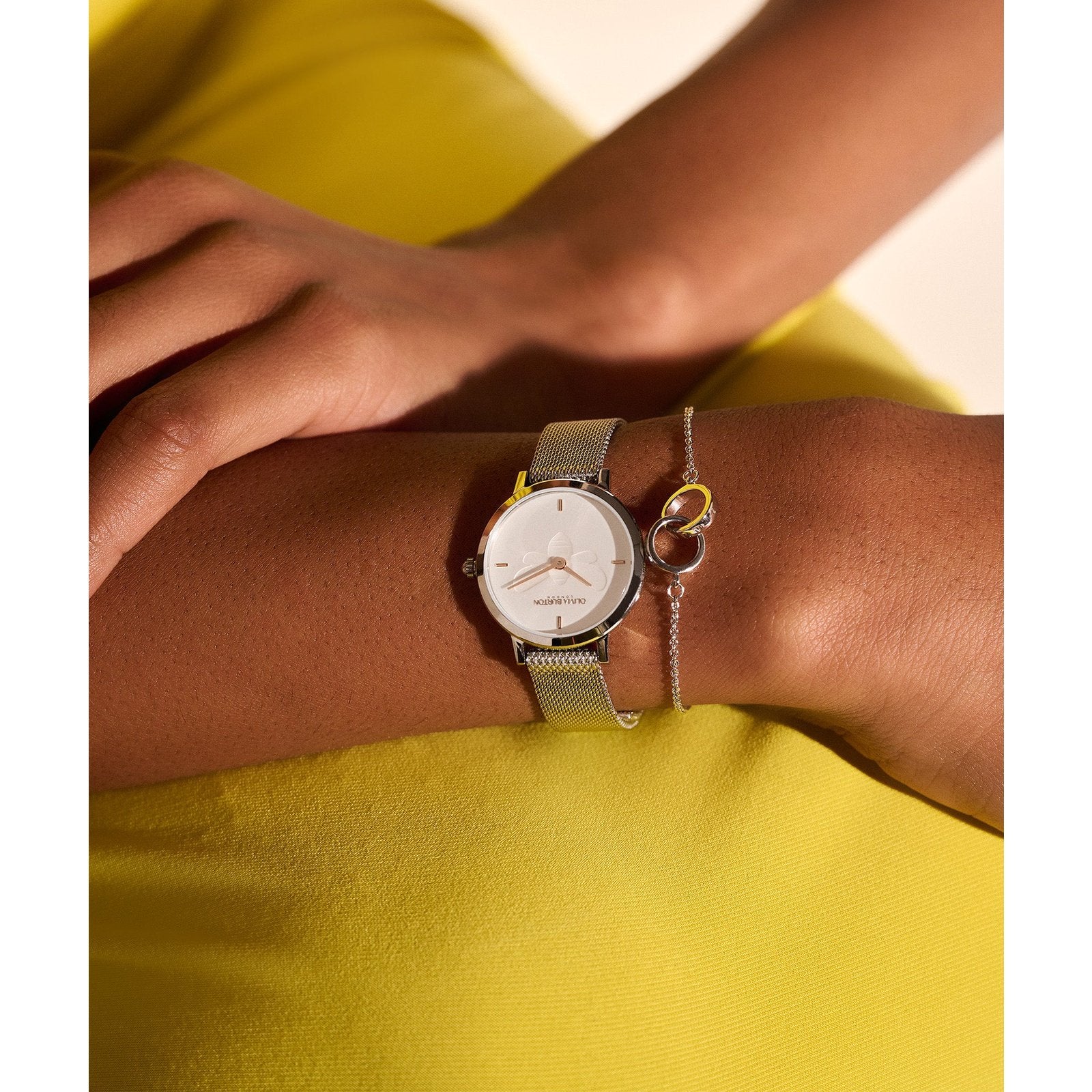 Bee Ultra Slim Metallic White & Silver Mesh Watch 24000021 Olivia Burton