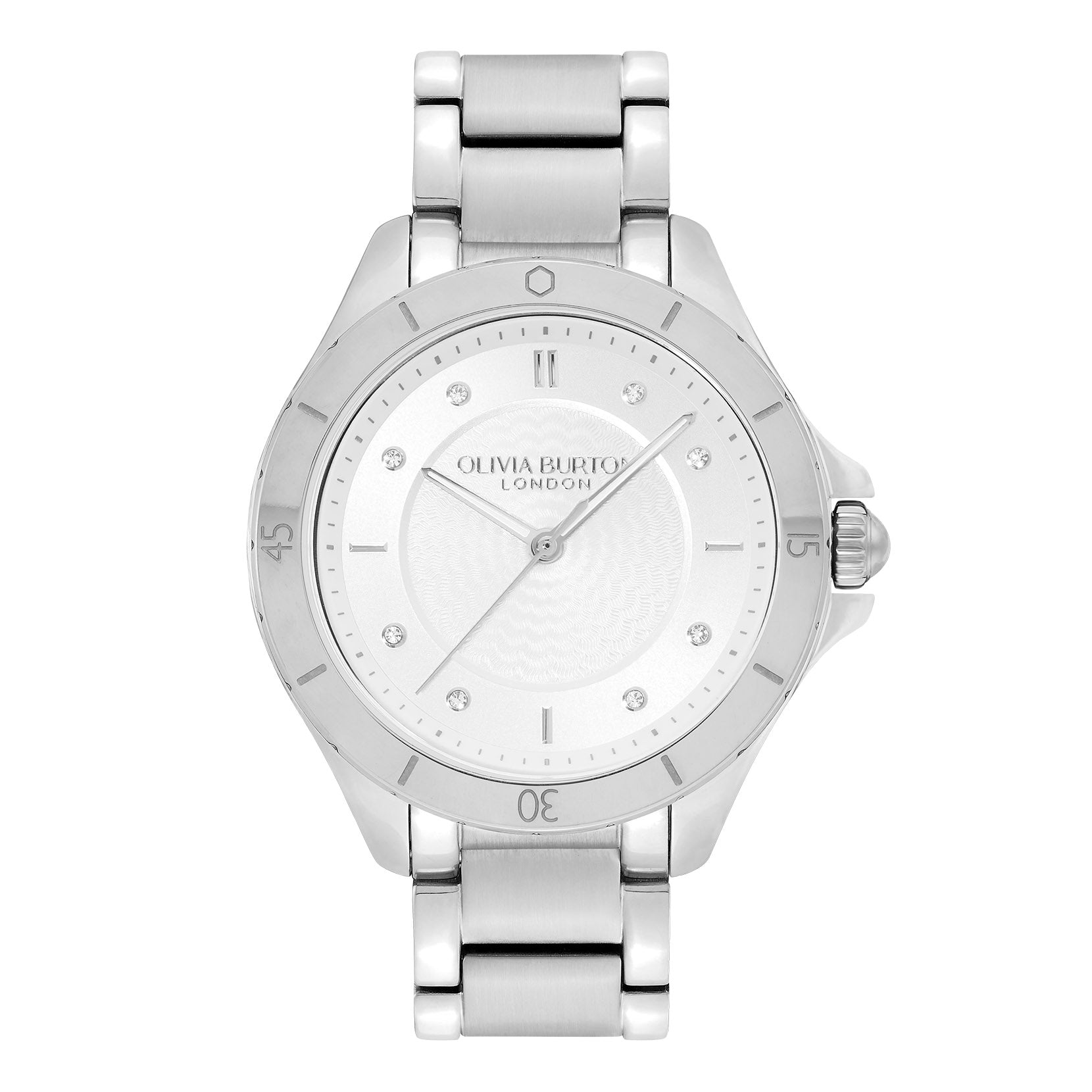 Guilloche Metallic White & Silver Bracelet Watch 24000039 Olivia Burton