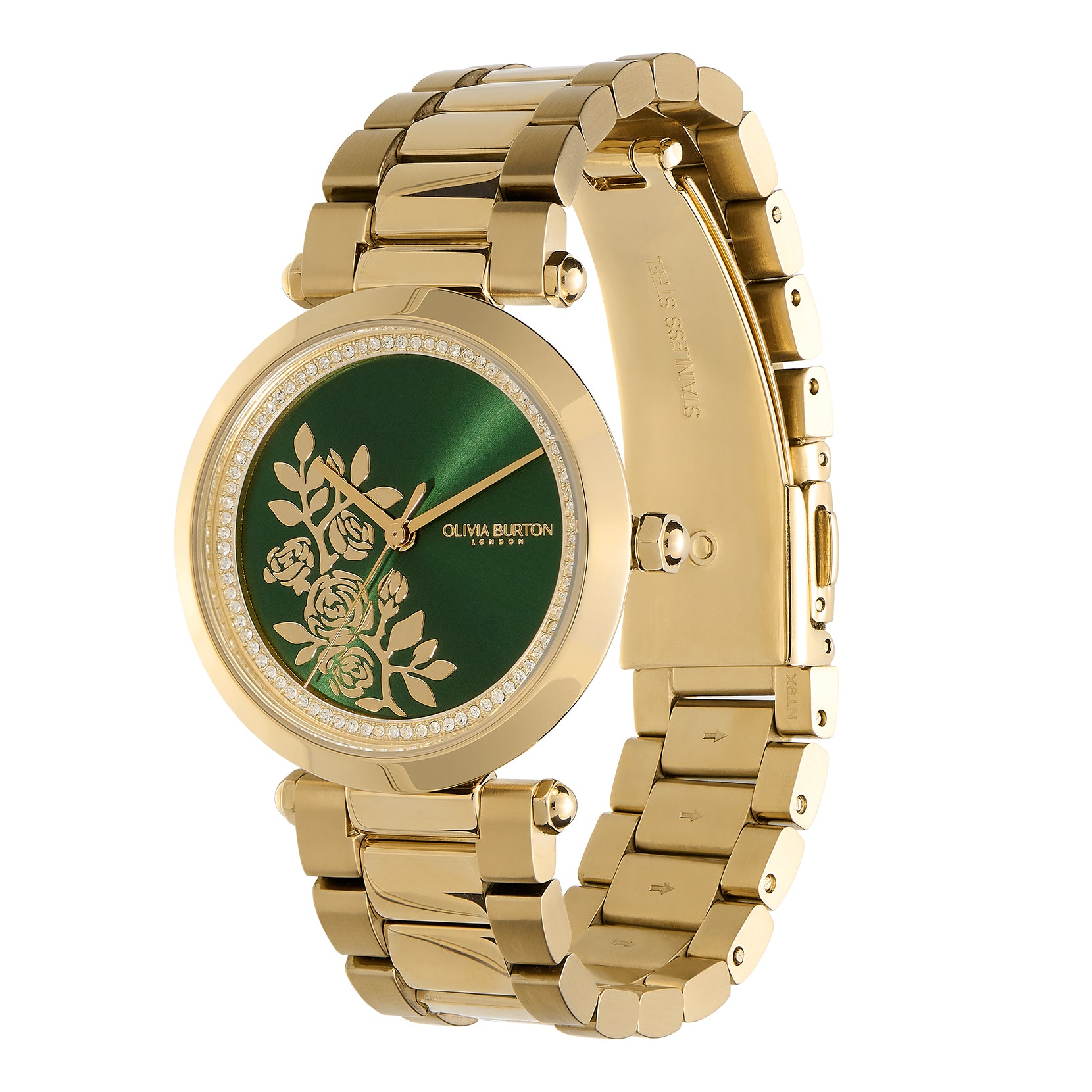 Floral T-Bar Green & Gold Bracelet Watch 24000043 Olivia Burton