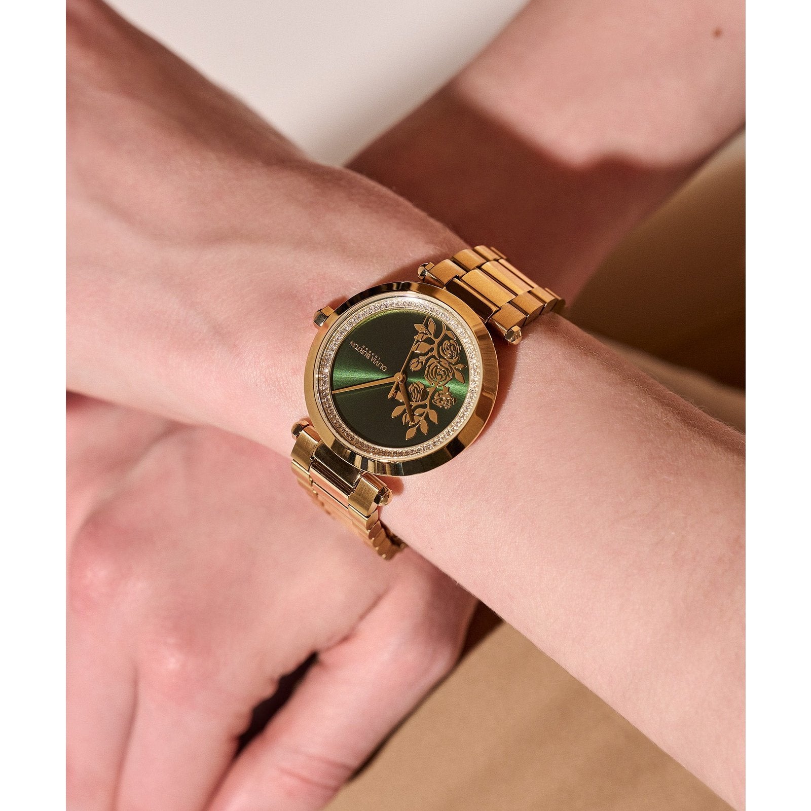 Floral T-Bar Green & Gold Bracelet Watch 24000043 Olivia Burton