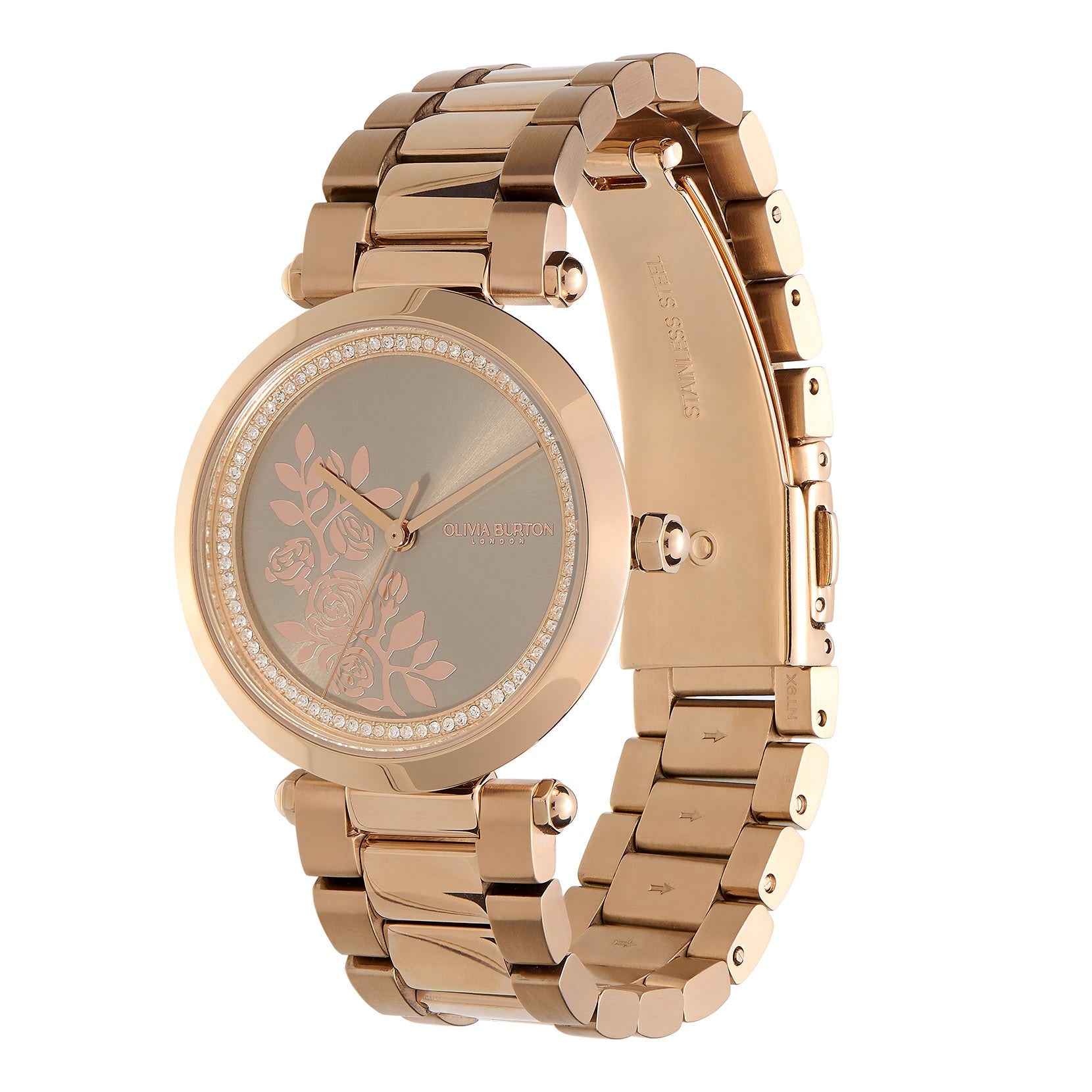 Floral T-Bar Grey & Carnation Gold Bracelet Watch 24000044 Olivia Burton