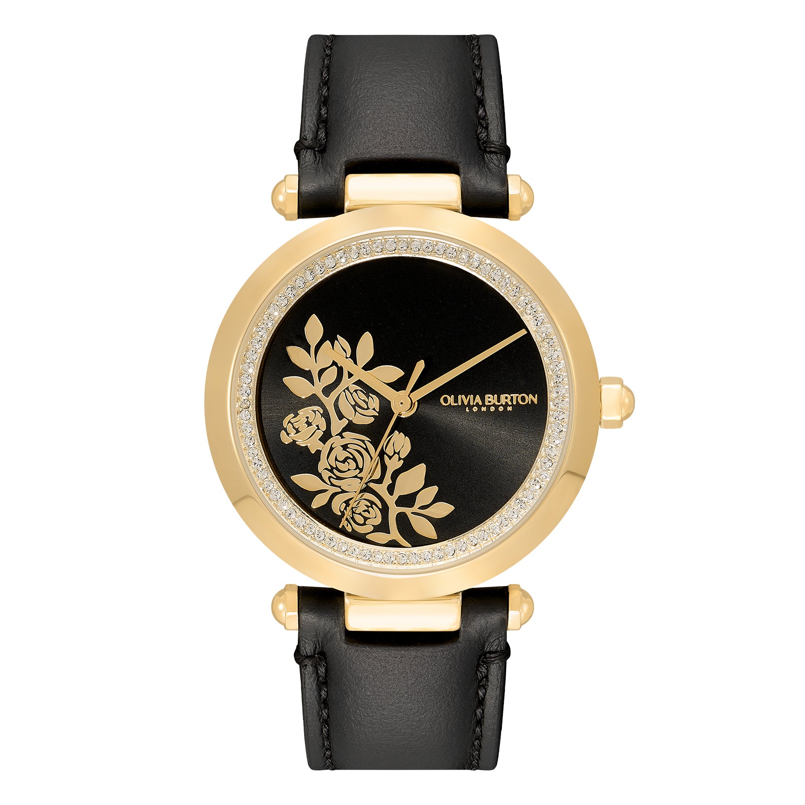 Floral T-Bar Black & Gold Leather Strap Watch 24000064 Olivia Burton