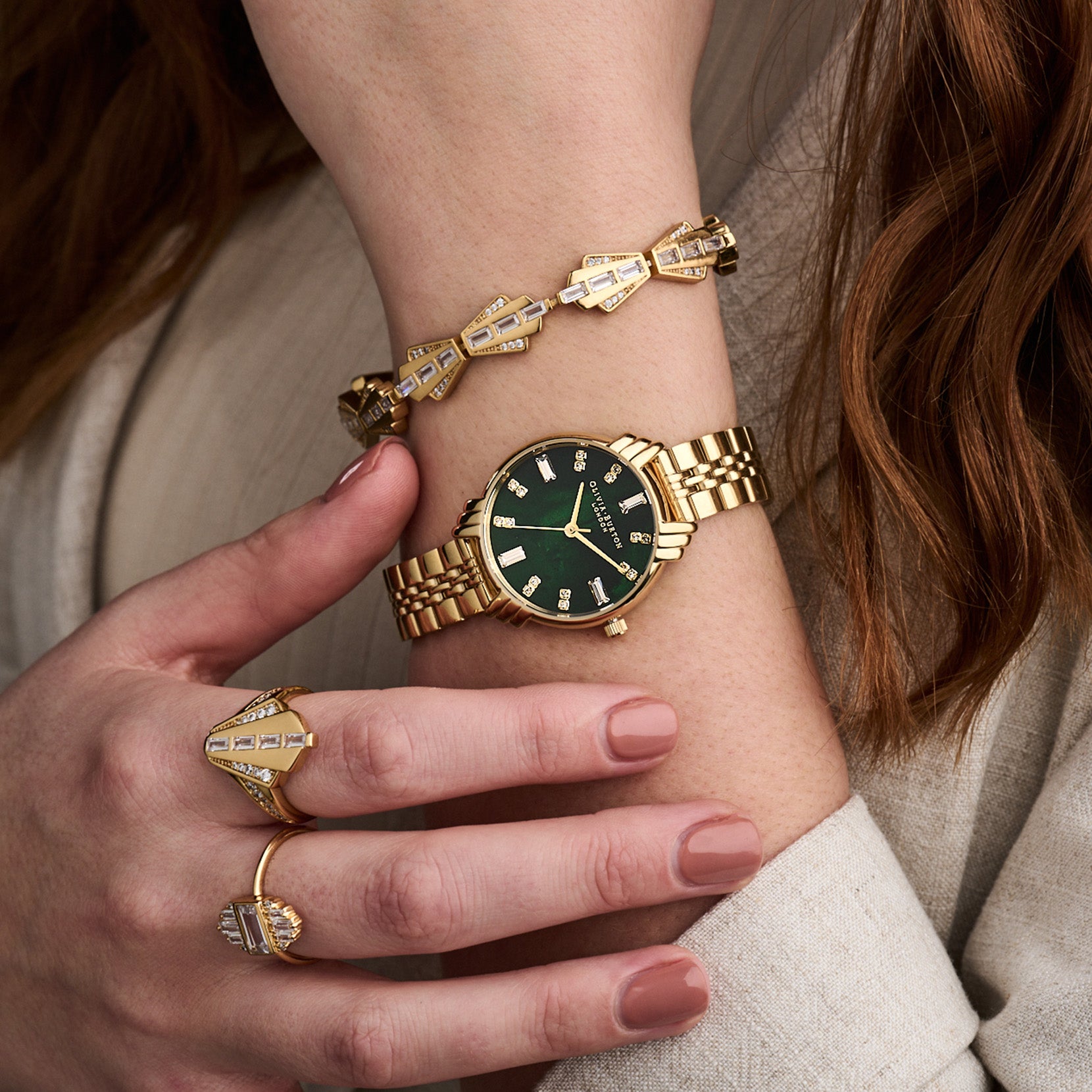 Art Deco Midi Dial Emerald Green & Gold Bracelet Watch OB16DC02 Olivia Burton