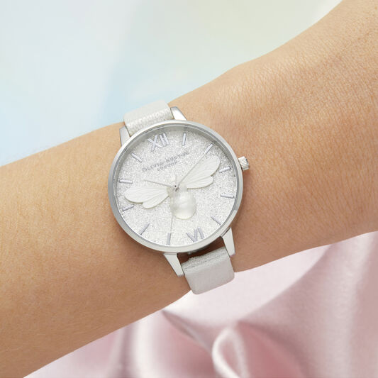 Glitter Demi Dial Pearl Bee Shimmer Pearl & Silver Watch OB16FB20 Olivia Burton