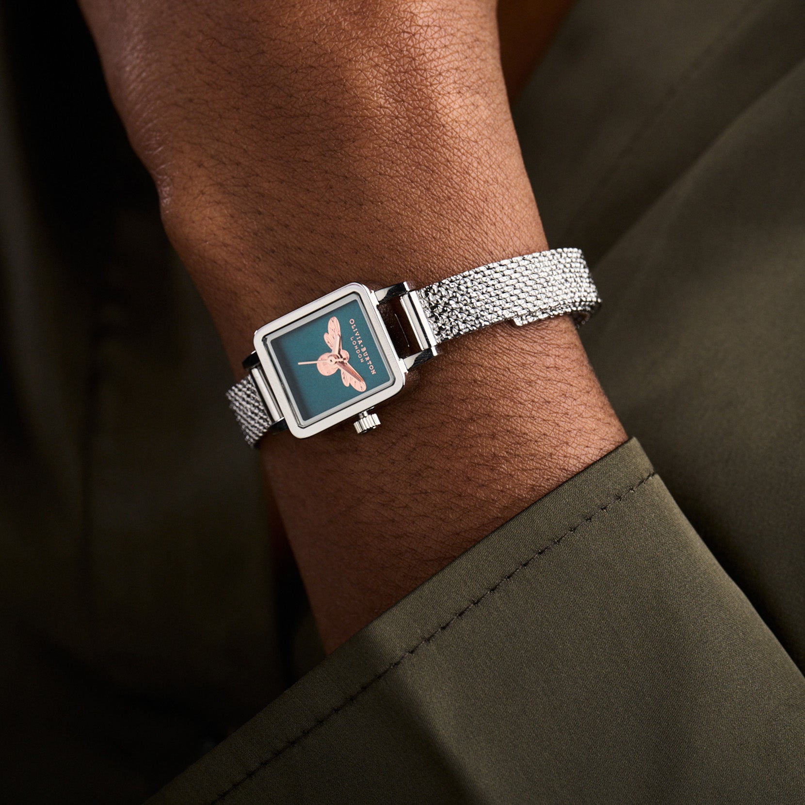 Lucky Bee Mini Rectangle Teal & Silver Mesh Watch OB16FB27 Olivia Burton