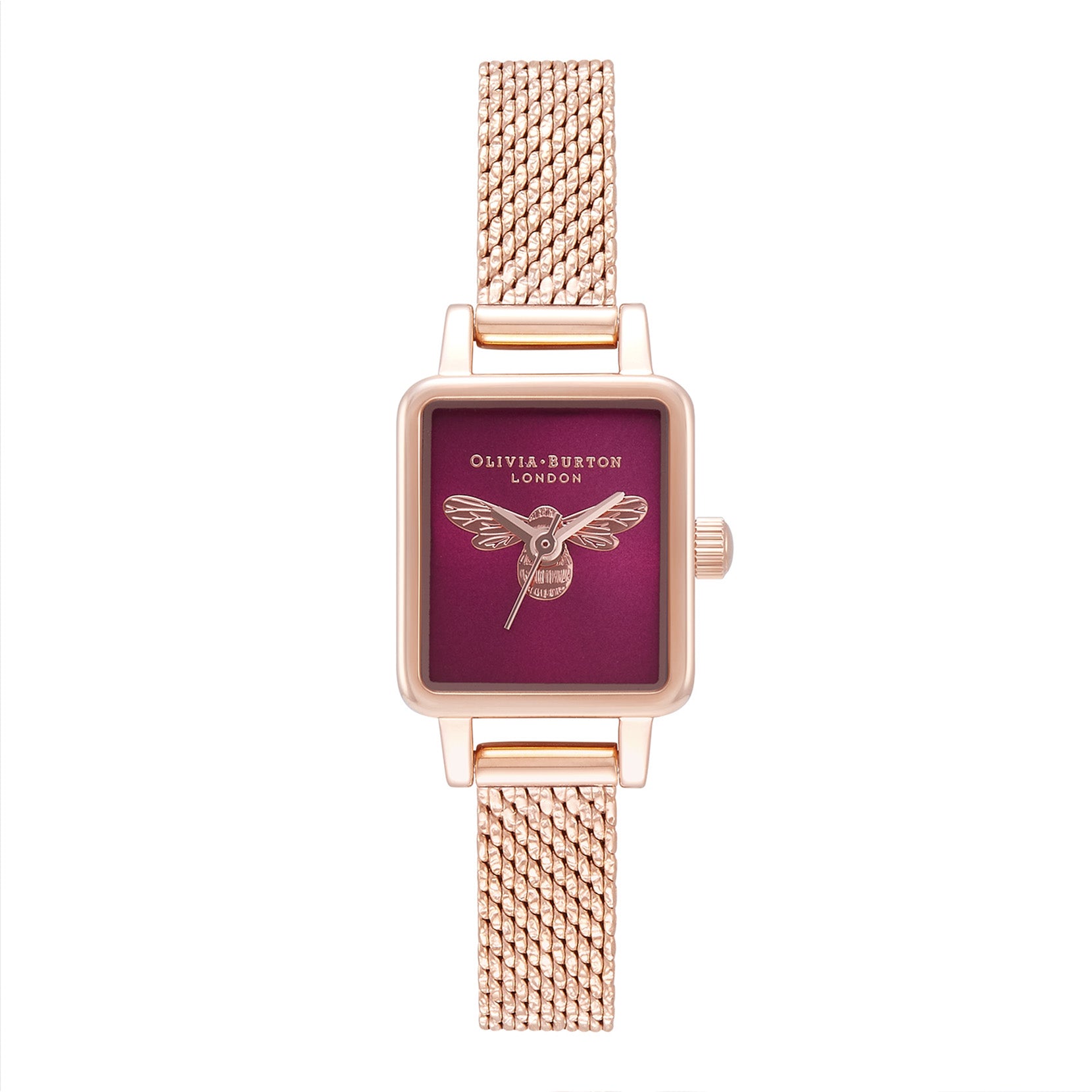 Lucky Bee Mini Rectangle Berry & Rose Gold Mesh Watch OB16FB28 Olivia Burton