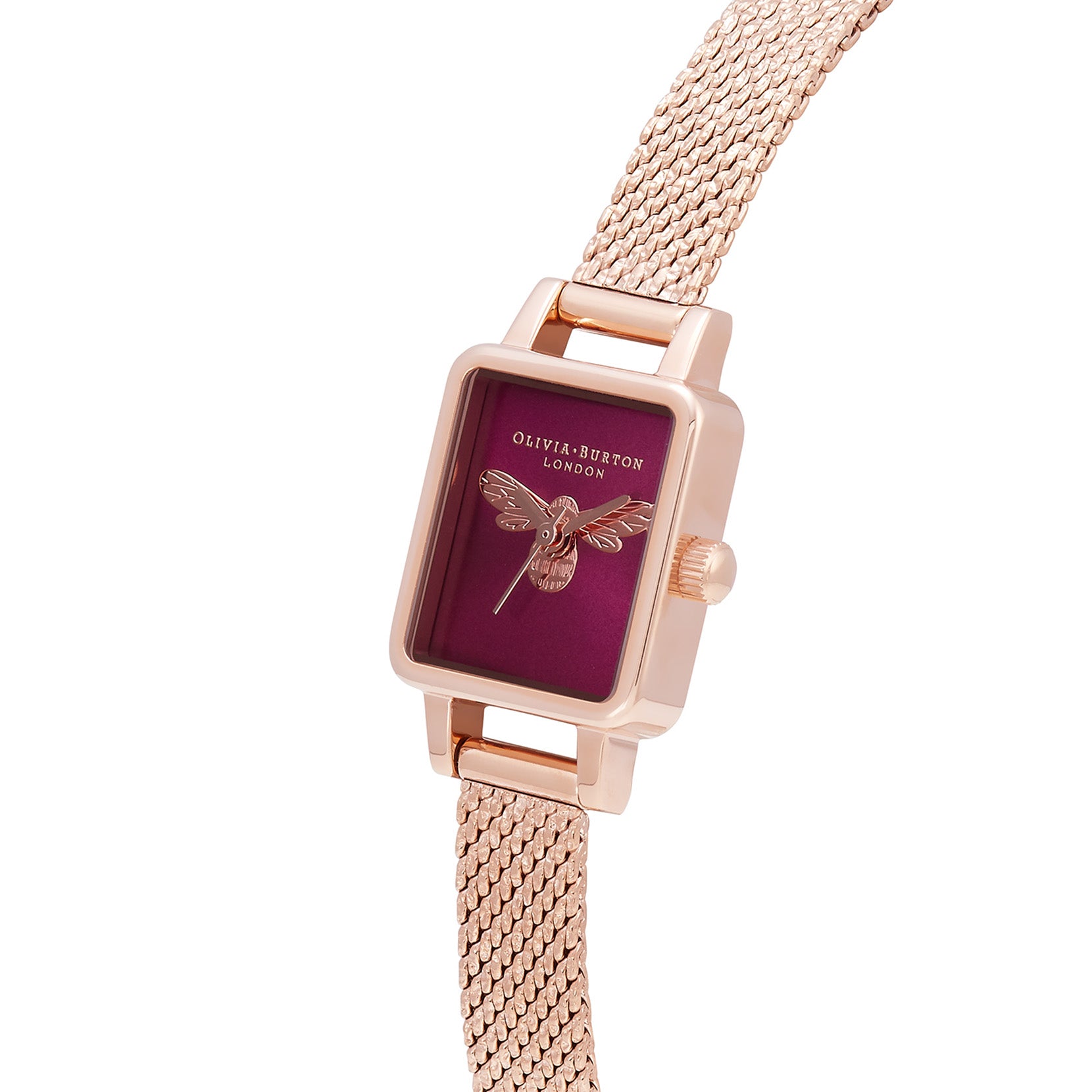 Lucky Bee Mini Rectangle Berry & Rose Gold Mesh Watch OB16FB28 Olivia Burton
