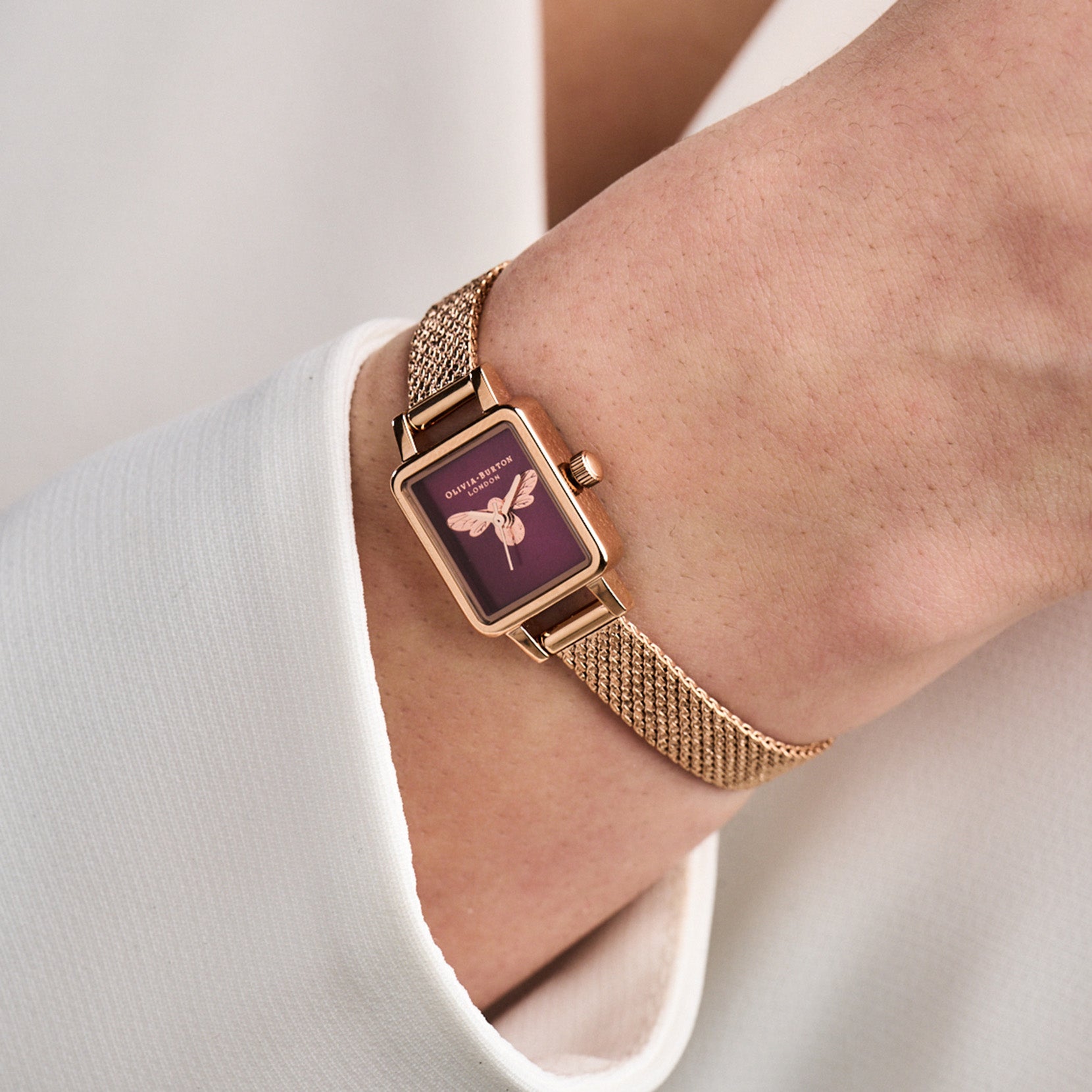 Lucky Bee Mini Rectangle Berry & Rose Gold Mesh Watch OB16FB28 Olivia Burton