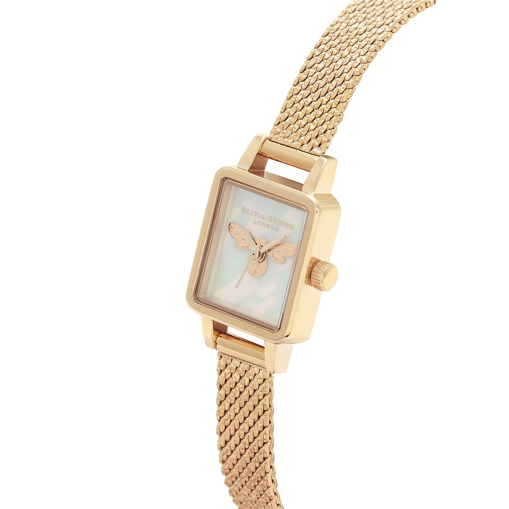 Lucky Bee Mini White Mother Of Pearl, Tank Dial & Gold Mesh Watch OB16MC66 Olivia Burton