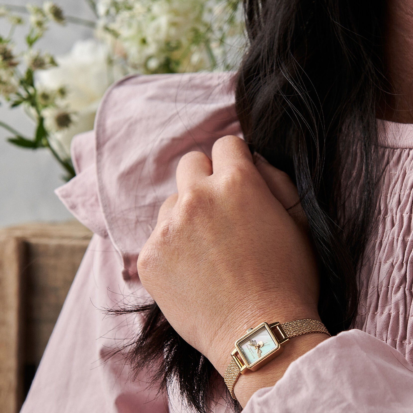 Lucky Bee Mini White Mother Of Pearl, Tank Dial & Gold Mesh Watch OB16MC66 Olivia Burton