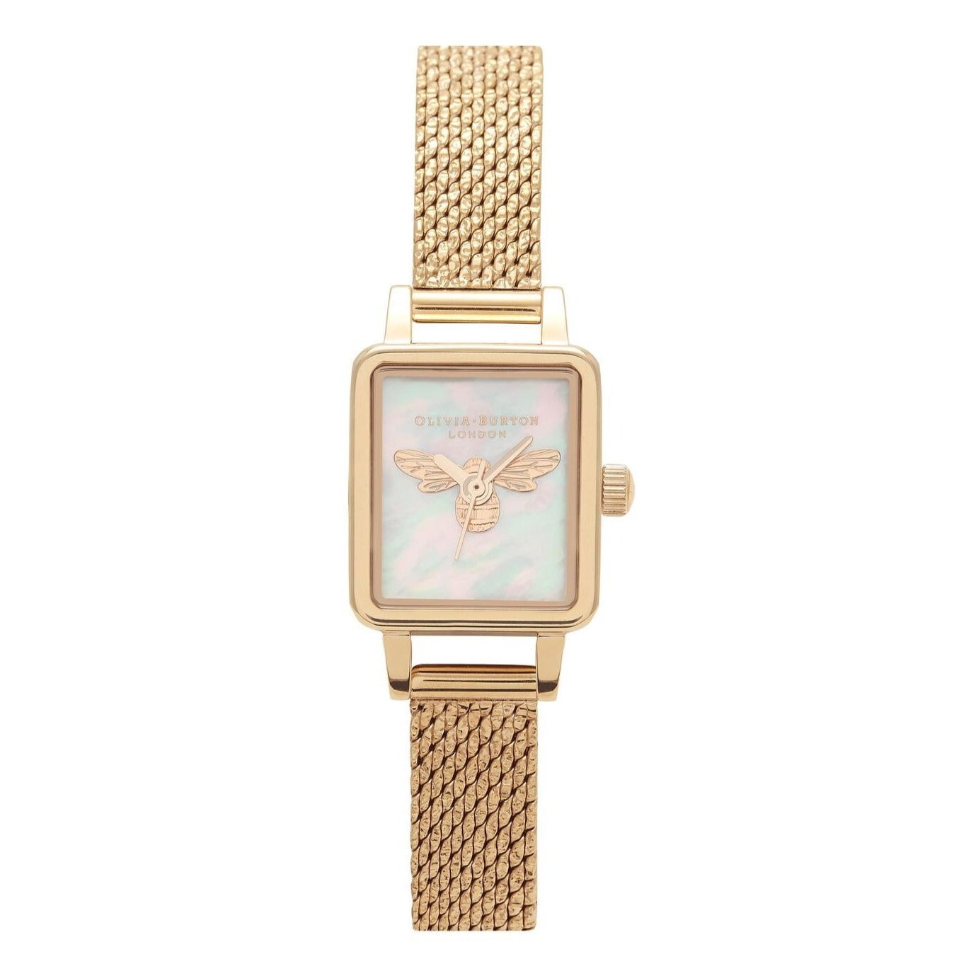 Lucky Bee Mini White Mother Of Pearl, Tank Dial & Gold Mesh Watch OB16MC66 Olivia Burton