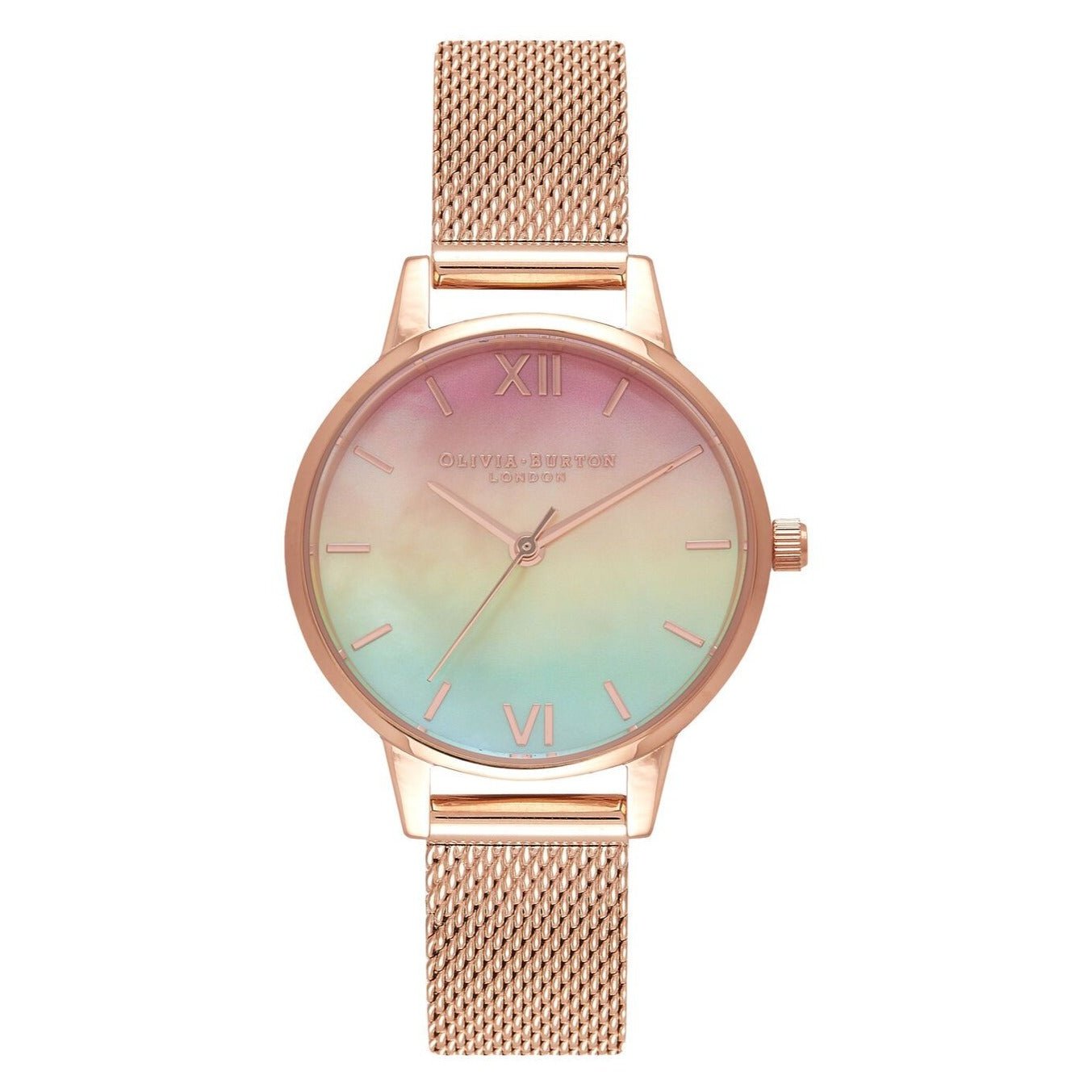 Midi Rainbow Pearl Dial Rose Gold Mesh Watch OB16RB25 Olivia Burton