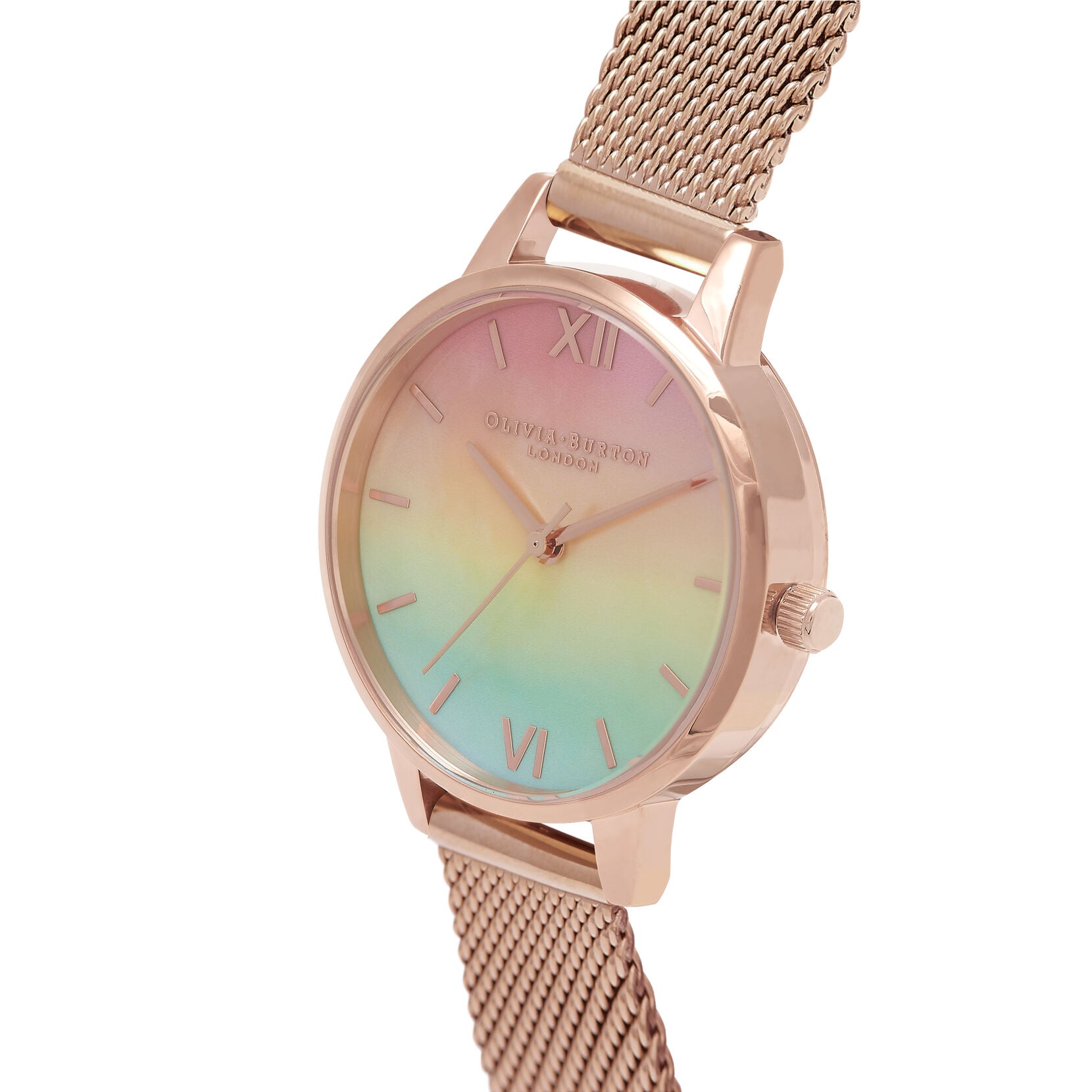 Midi Rainbow Pearl Dial Rose Gold Mesh Watch OB16RB25 Olivia Burton