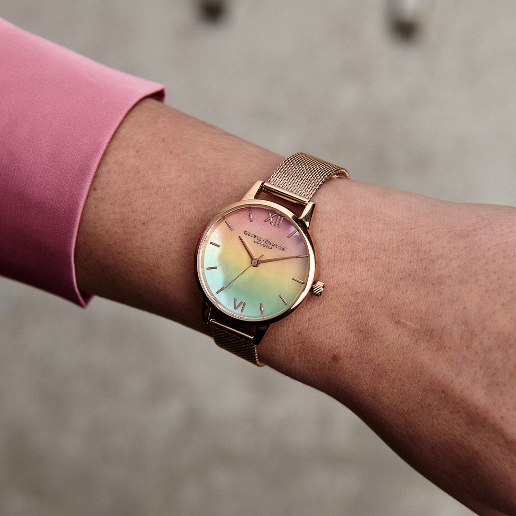 Midi Rainbow Pearl Dial Rose Gold Mesh Watch OB16RB25 Olivia Burton