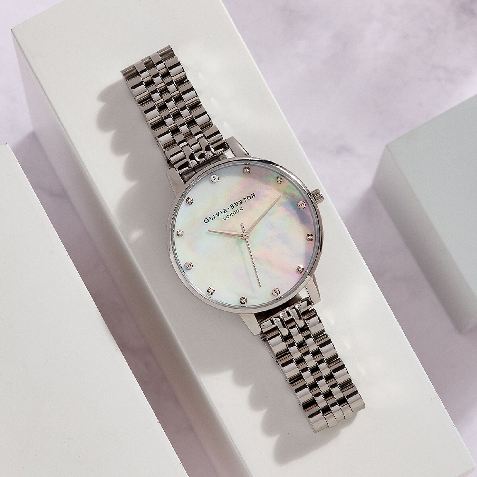 White Mother Of Pearl, Thin Case Silver Bracelet Watch OB16SE14 Olivia Burton