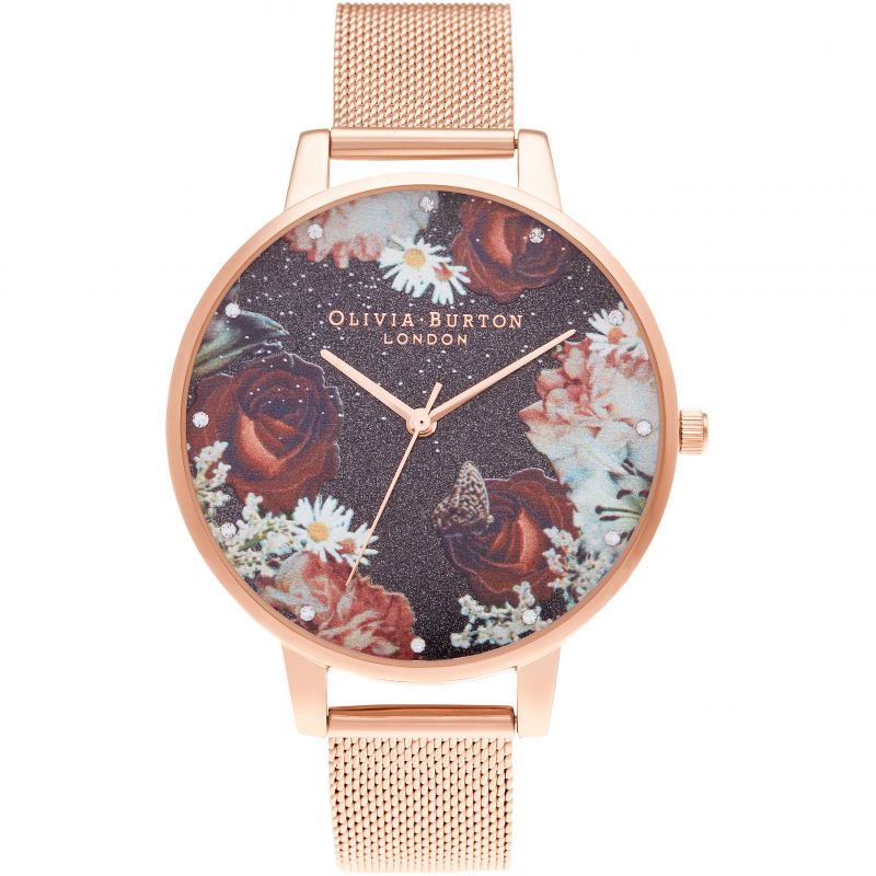 Ladies Winter Blooms Big Dial Rose Gold Mesh Watch OB16WG80 Olivia Burton