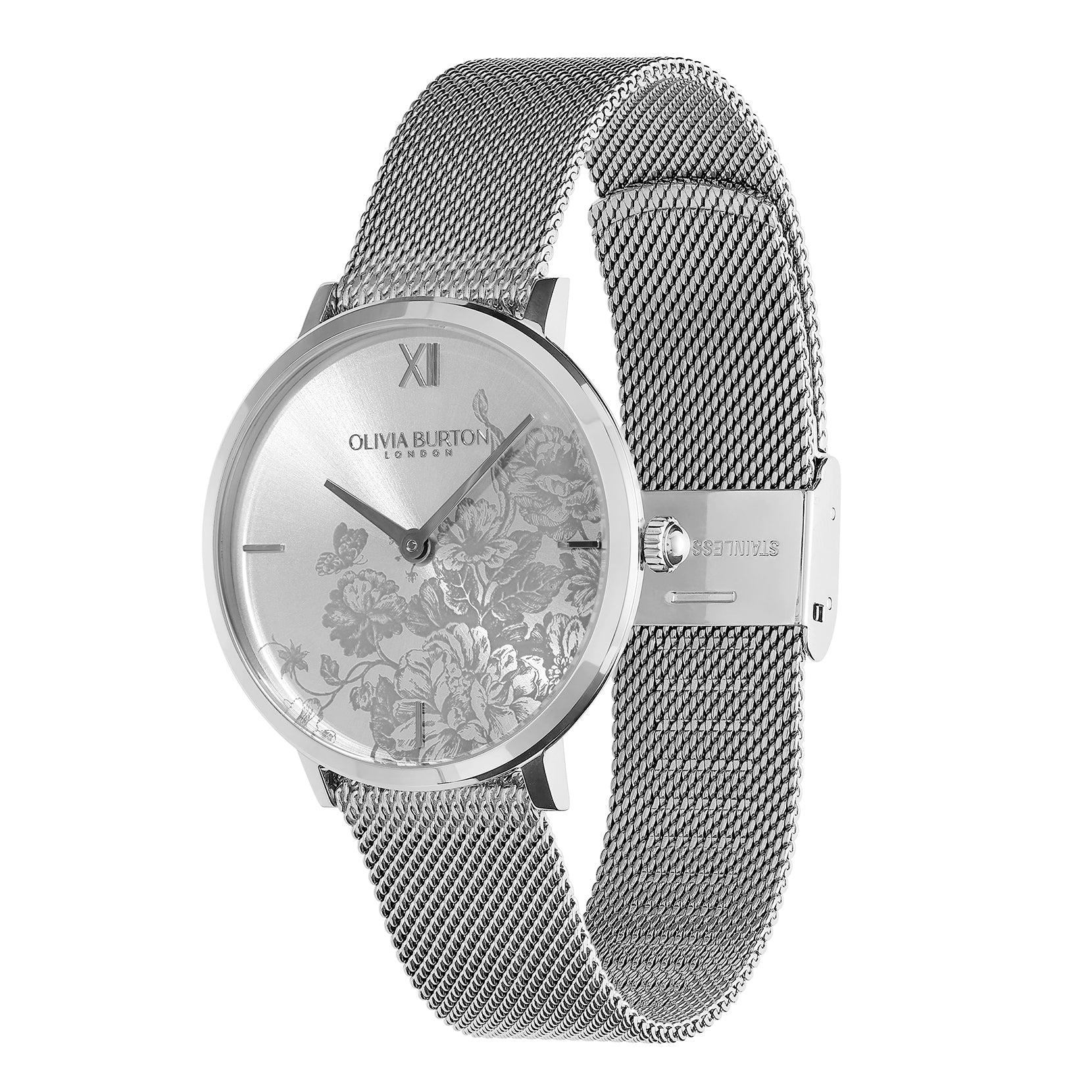Ladies 35mm Floral Blooms Ultra Slim Silver Mesh Watch (24000115)