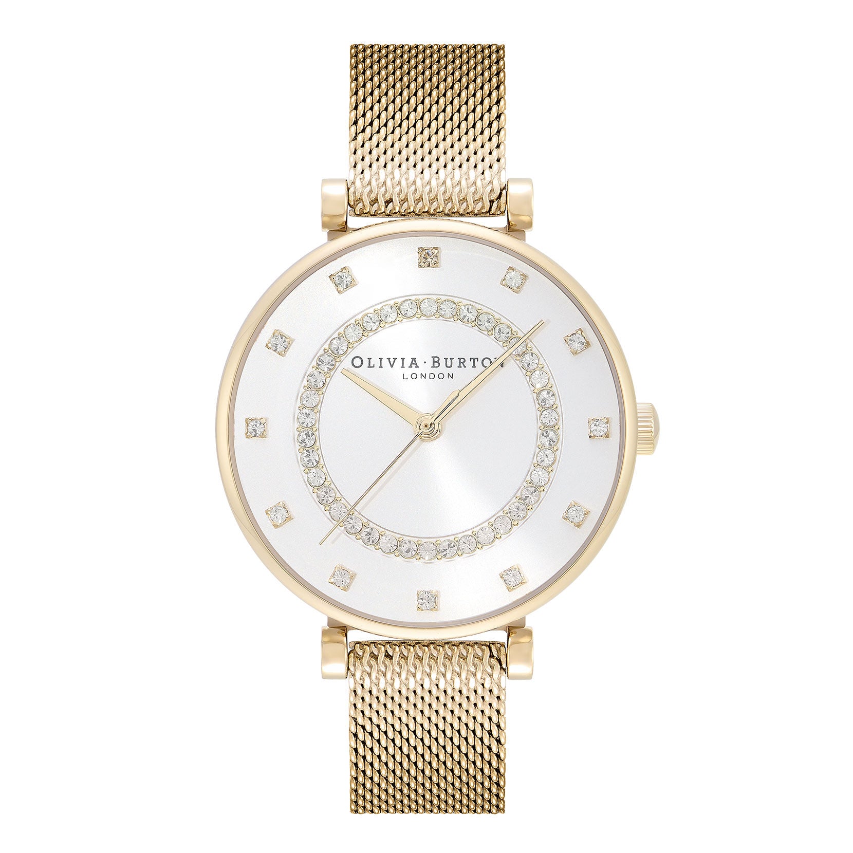 Belgrave 32mm Tbar White & Gold Mesh Watch 24000005 Olivia Burton