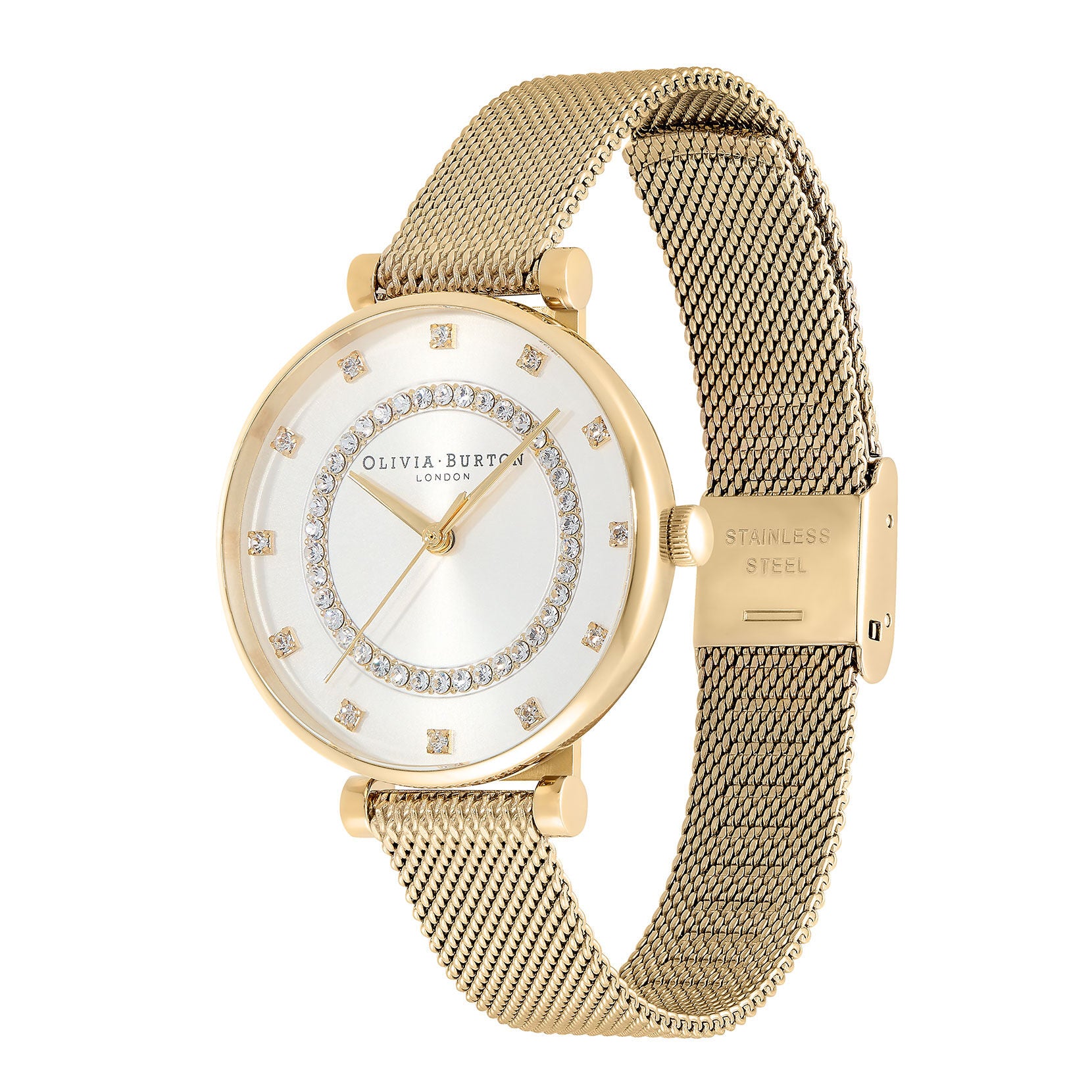 Belgrave 32mm Tbar White & Gold Mesh Watch 24000005 Olivia Burton