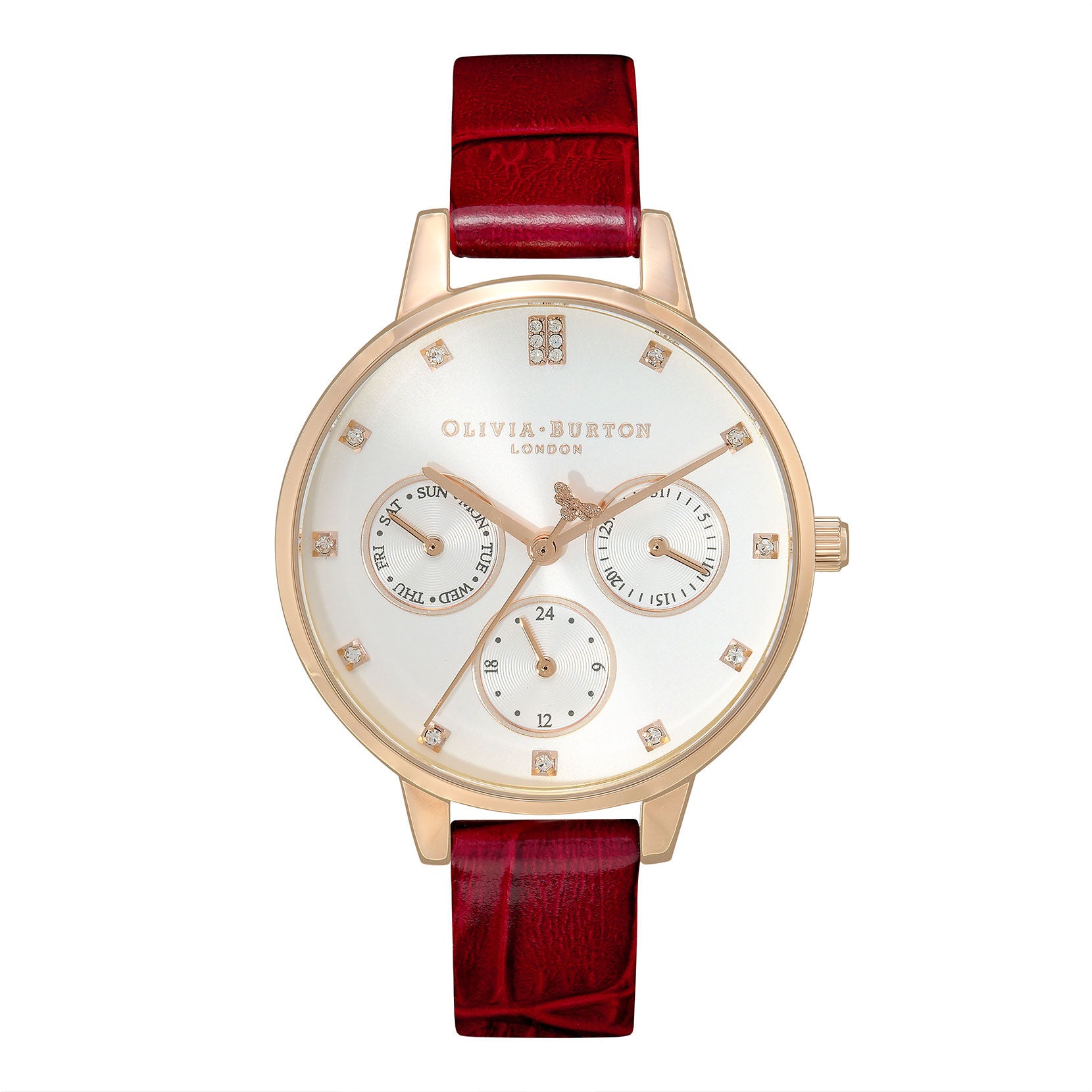 Multifunction 34mm Gold & Burgundy Leather Strap Watch 24000009 Olivia Burton