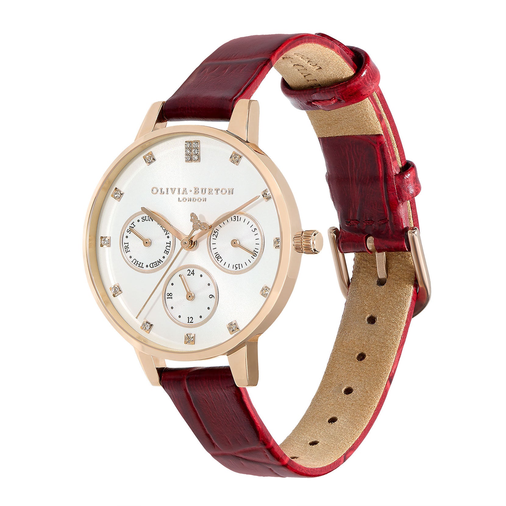Multifunction 34mm Gold & Burgundy Leather Strap Watch 24000009 Olivia Burton