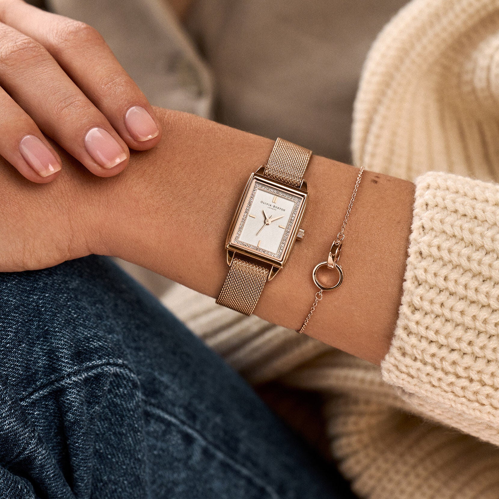 Townhouse Rectangle Carnation Gold Mesh Watch 24000015 Olivia Burton