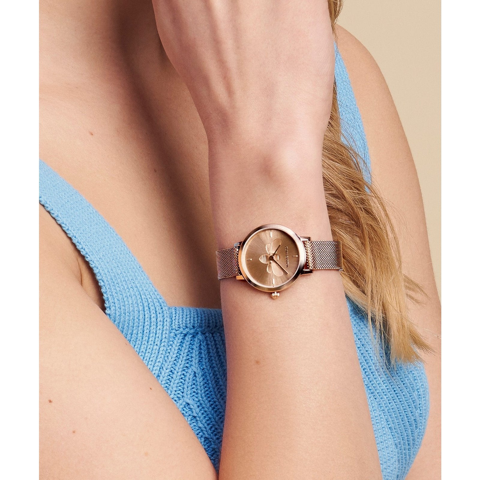 Bee Ultra Slim Carnation Gold Mesh Watch 24000020 Olivia Burton