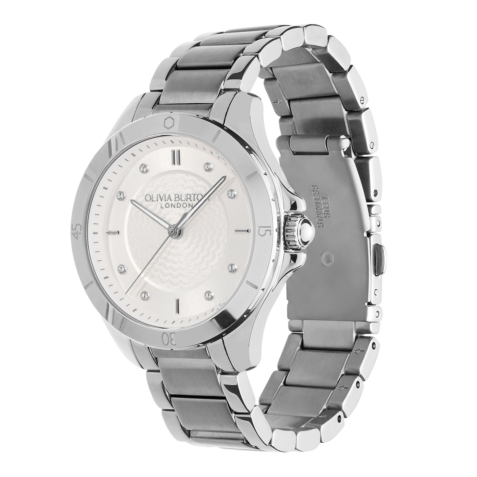 Guilloche Metallic White & Silver Bracelet Watch 24000039 Olivia Burton