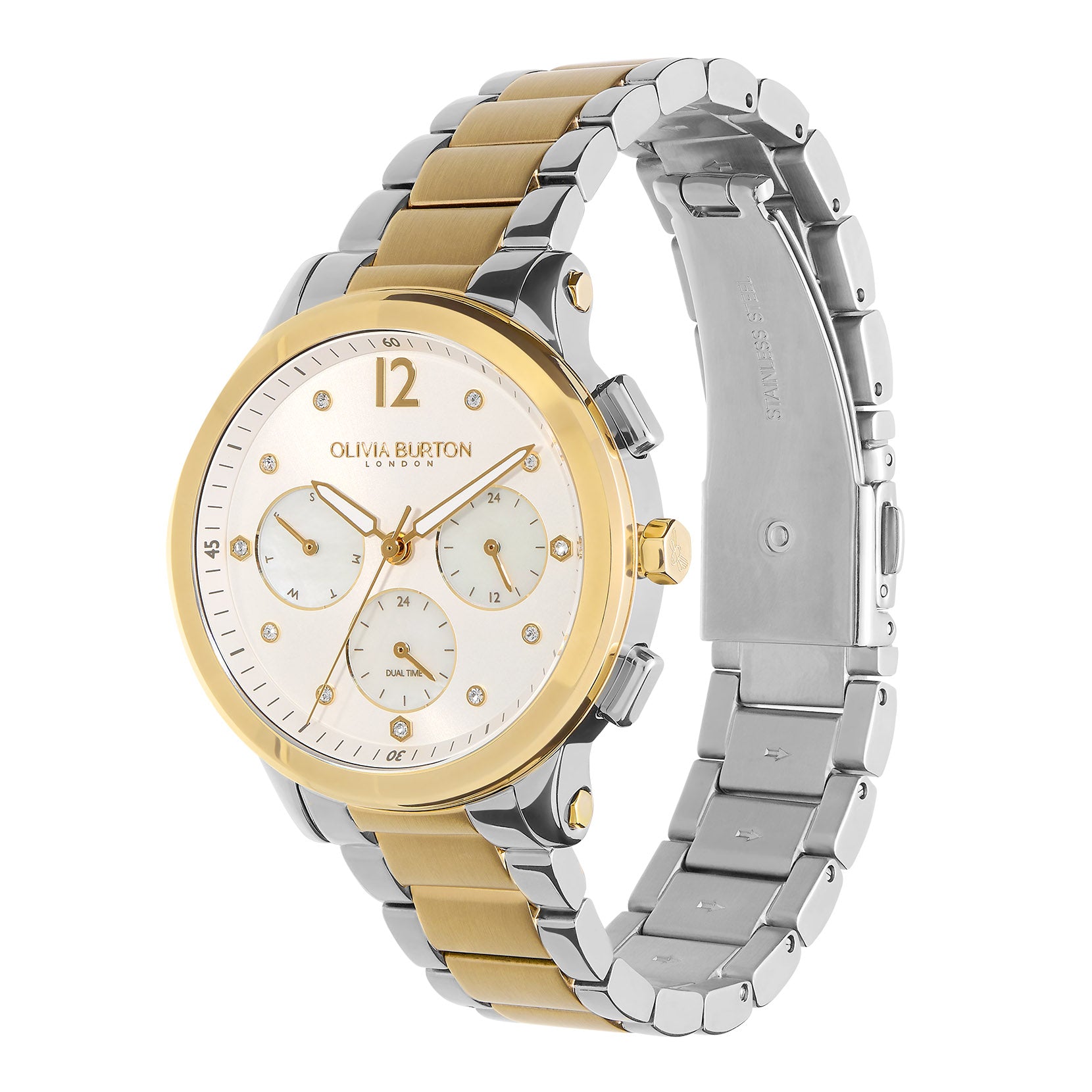 Multi-Function Metallic White & Two Tone Bracelet Watch 24000053 Olivia Burton