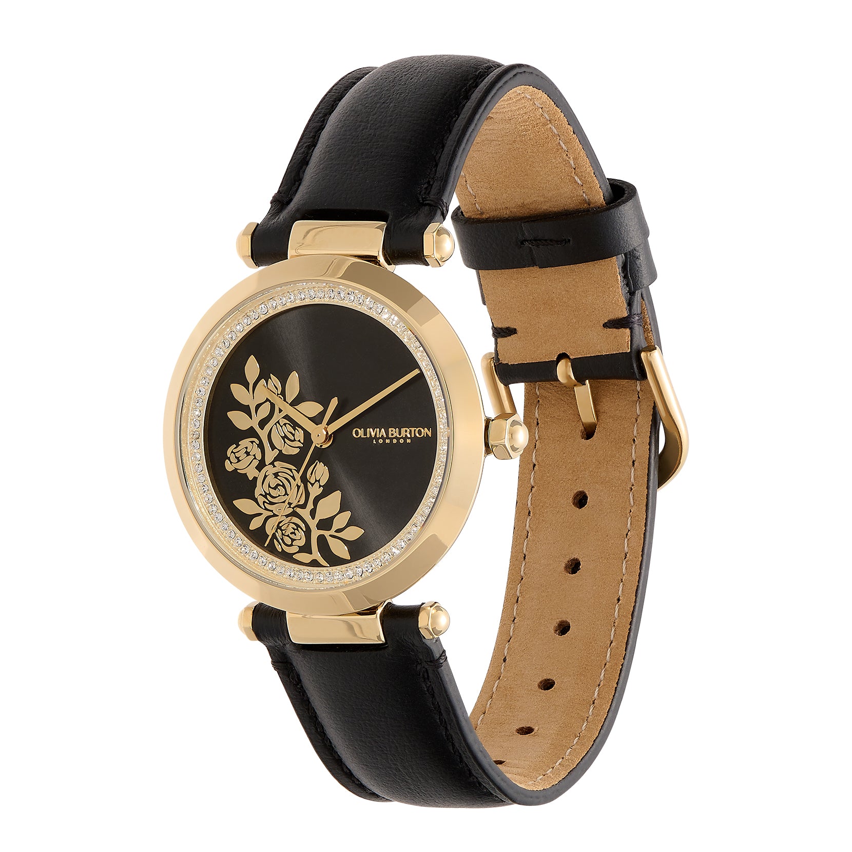 Floral T-Bar Black & Gold Leather Strap Watch 24000064 Olivia Burton
