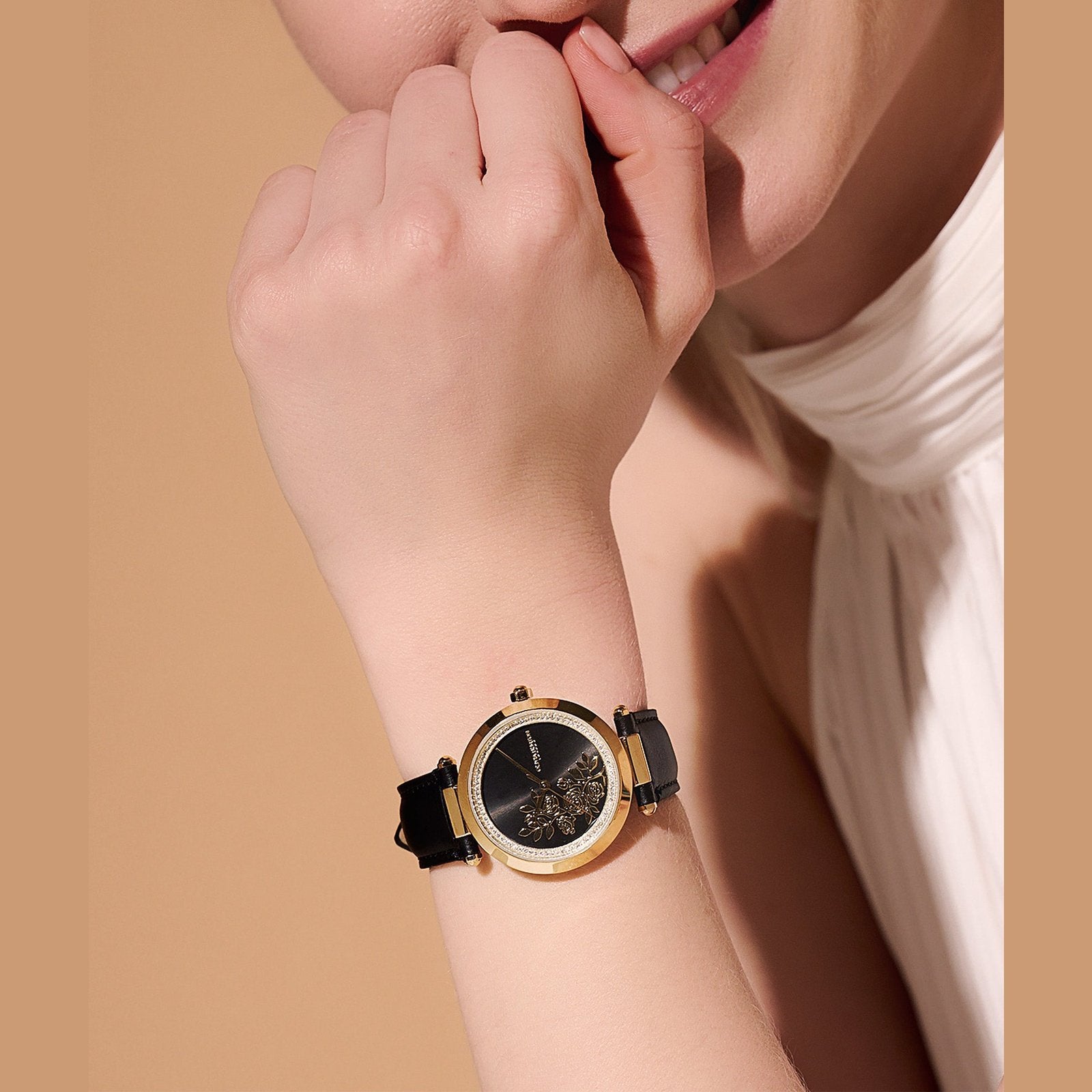 Floral T-Bar Black & Gold Leather Strap Watch 24000064 Olivia Burton