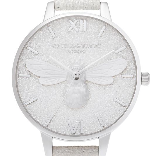 Glitter Demi Dial Pearl Bee Shimmer Pearl & Silver Watch OB16FB20 Olivia Burton