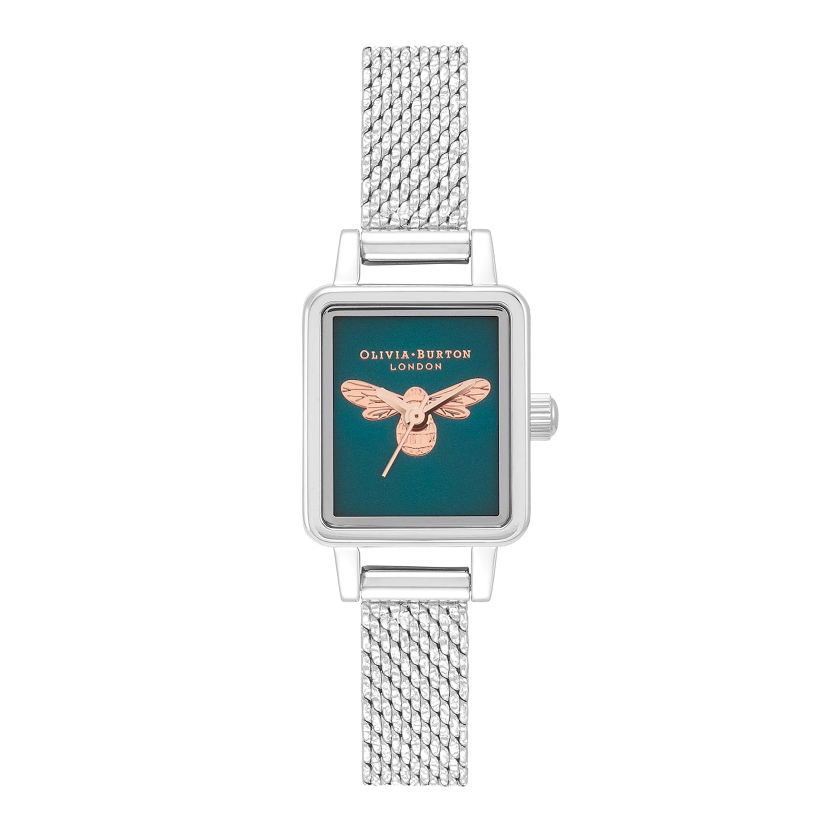Lucky Bee Mini Rectangle Teal & Silver Mesh Watch OB16FB27 Olivia Burton
