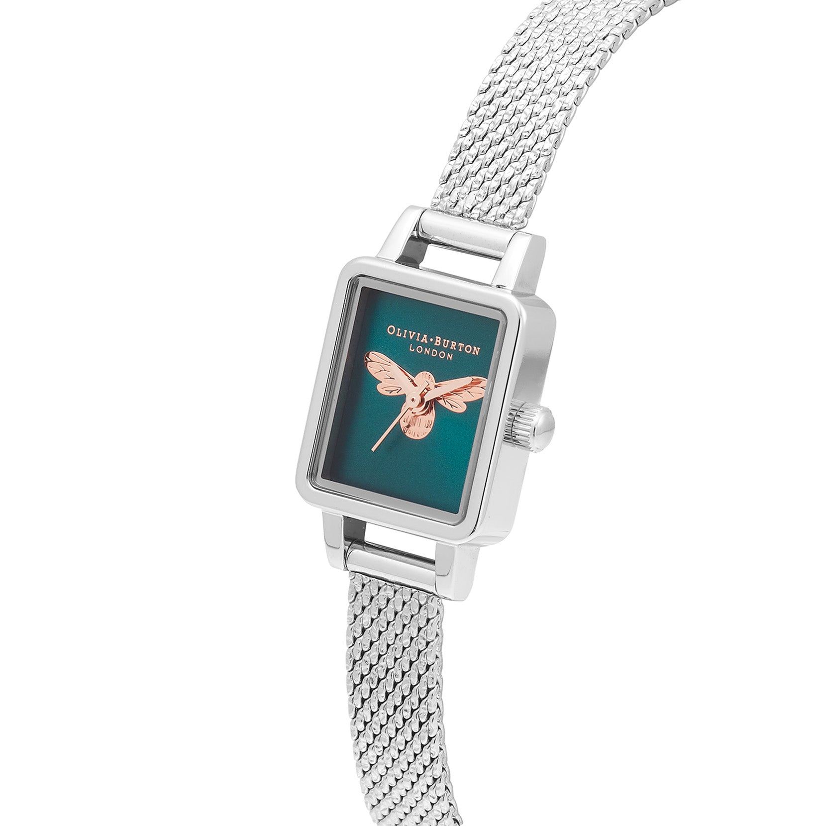 Lucky Bee Mini Rectangle Teal & Silver Mesh Watch OB16FB27 Olivia Burton