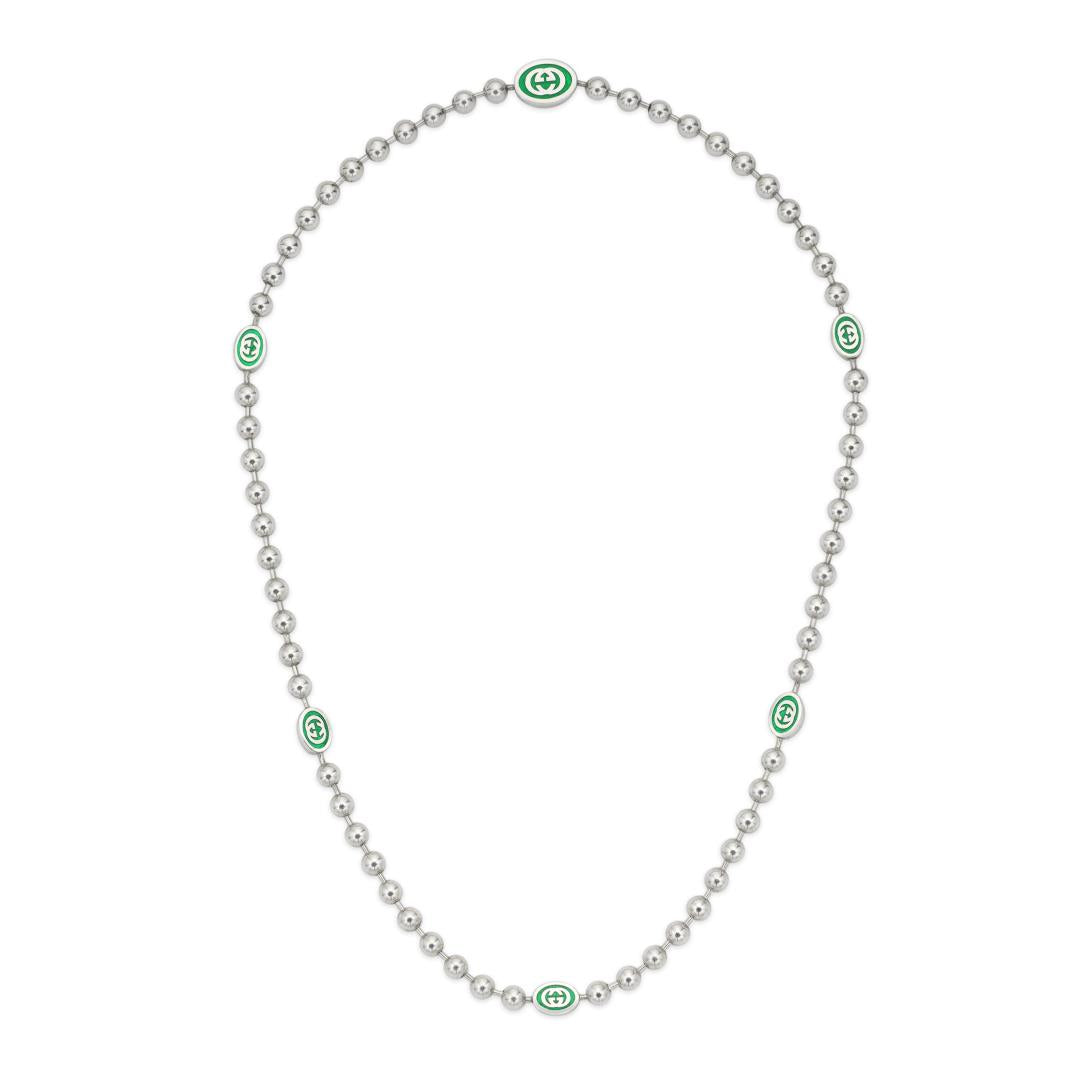 Interlocked G Silver Beaded Necklace & Green Enamel YBB701611001 Gucci Jewelry