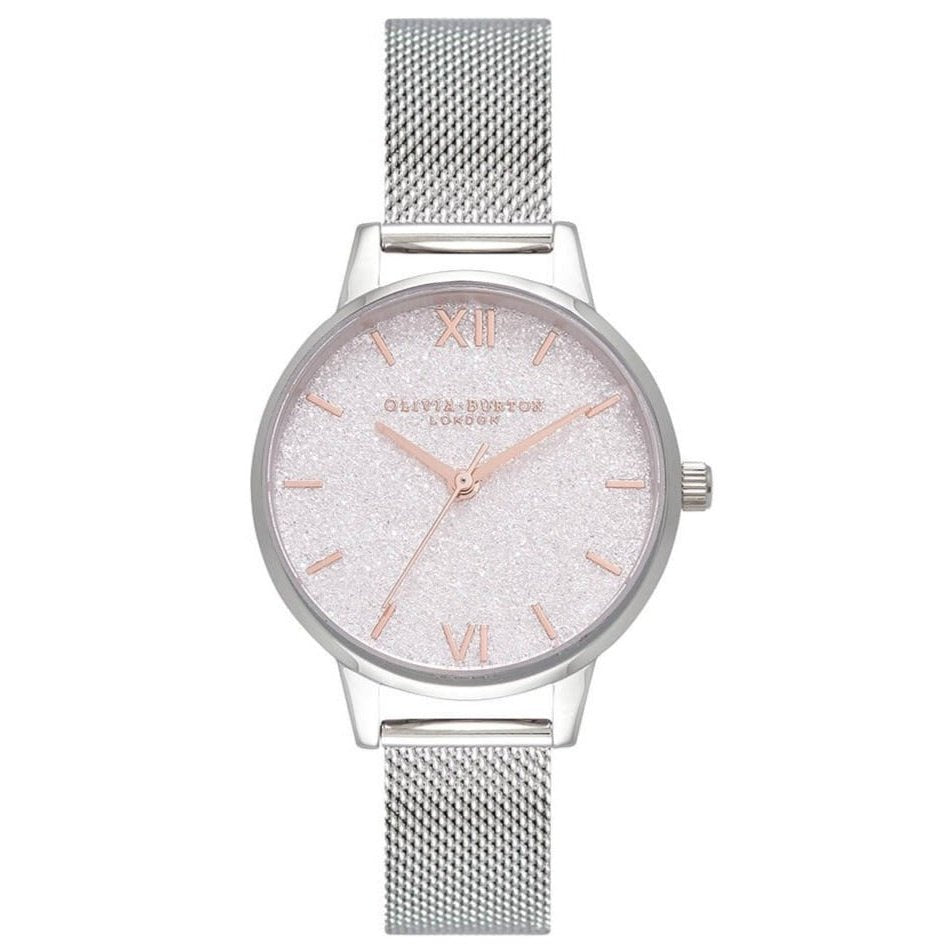 Midi White Glitter Dial Silver Mesh Watch OB16GD47 Olivia Burton