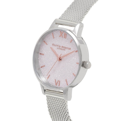 Midi White Glitter Dial Silver Mesh Watch OB16GD47 Olivia Burton