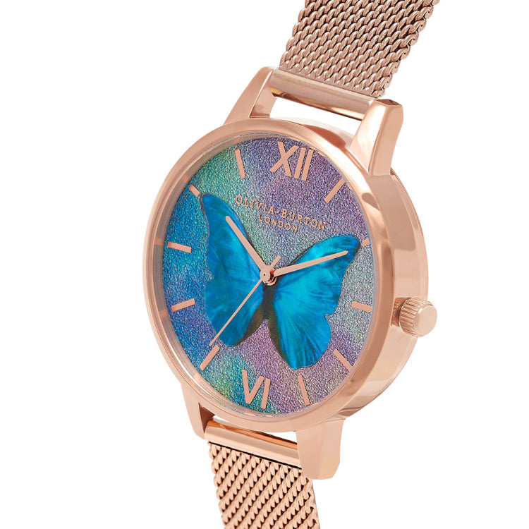 Glitter Demi Dial Mother-Of-Pearl Butterfly Rose Gold-Tone Mesh Strap Watch OB16MB35 Olivia Burton