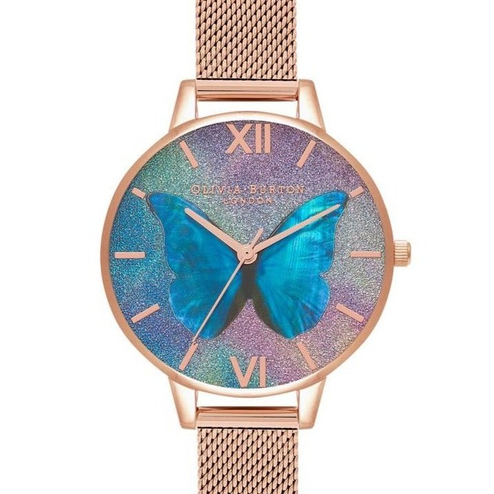 Glitter Demi Dial Mother-Of-Pearl Butterfly Rose Gold-Tone Mesh Strap Watch OB16MB35 Olivia Burton